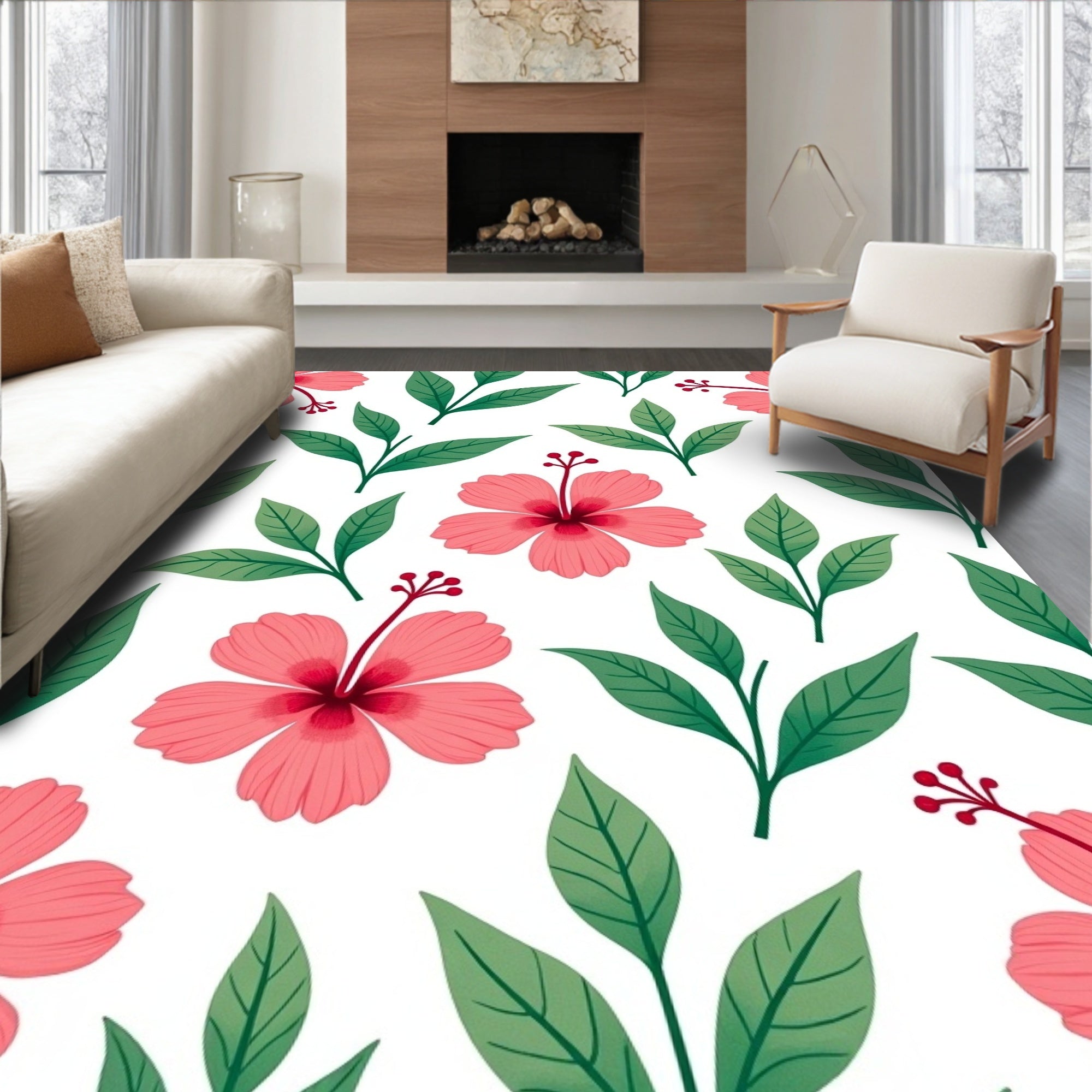 Coral Hibiscus Tropical Foliage Rug