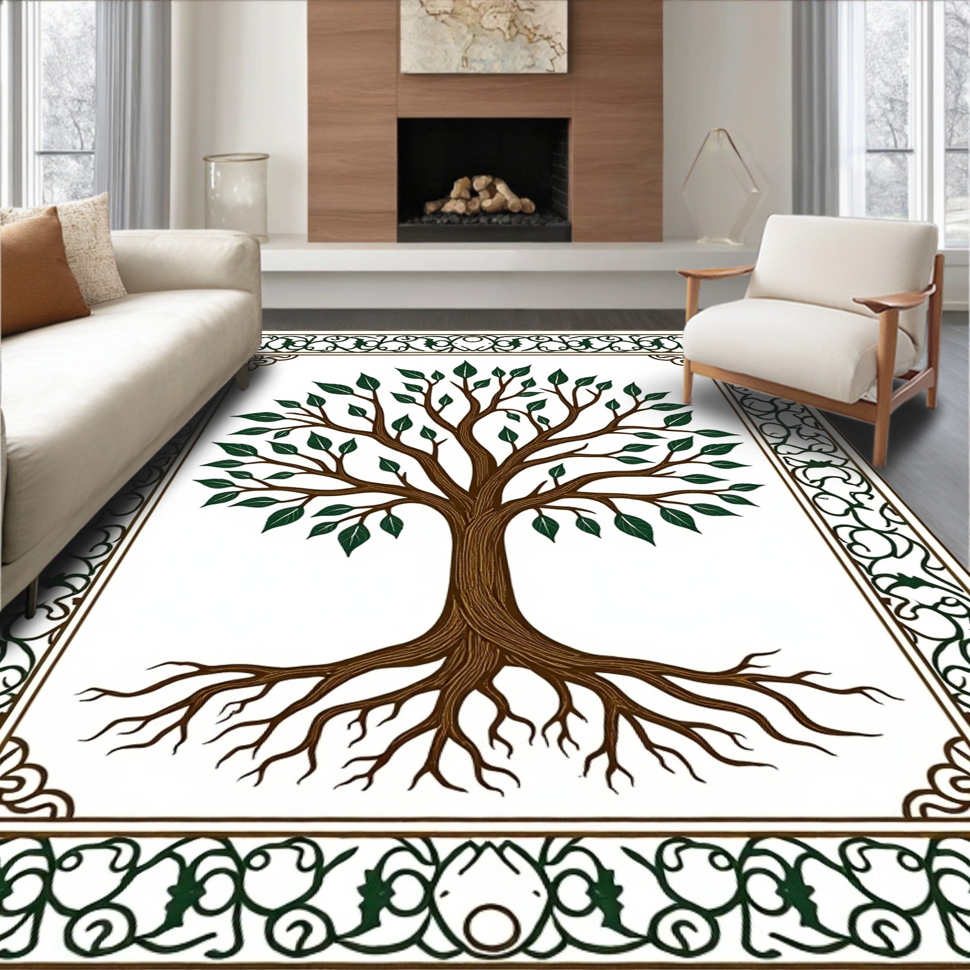 Brown Tree of Life Green Border Rug