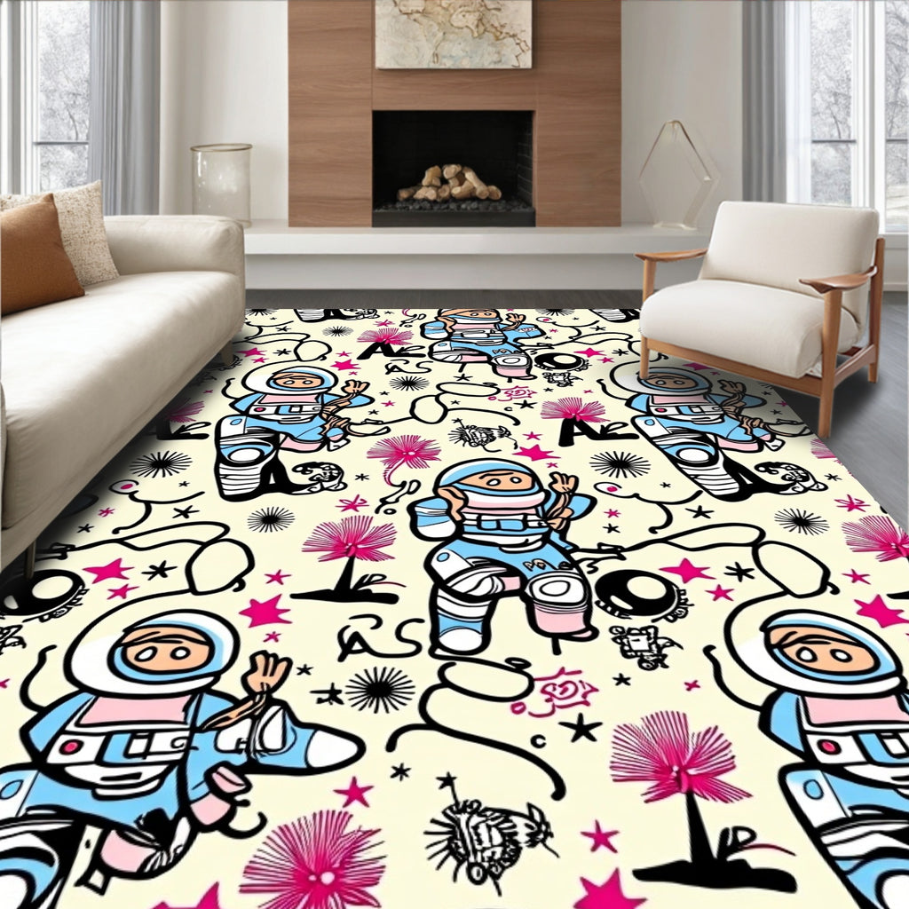 Whimsical Astronaut Space Graffiti Rag Rug