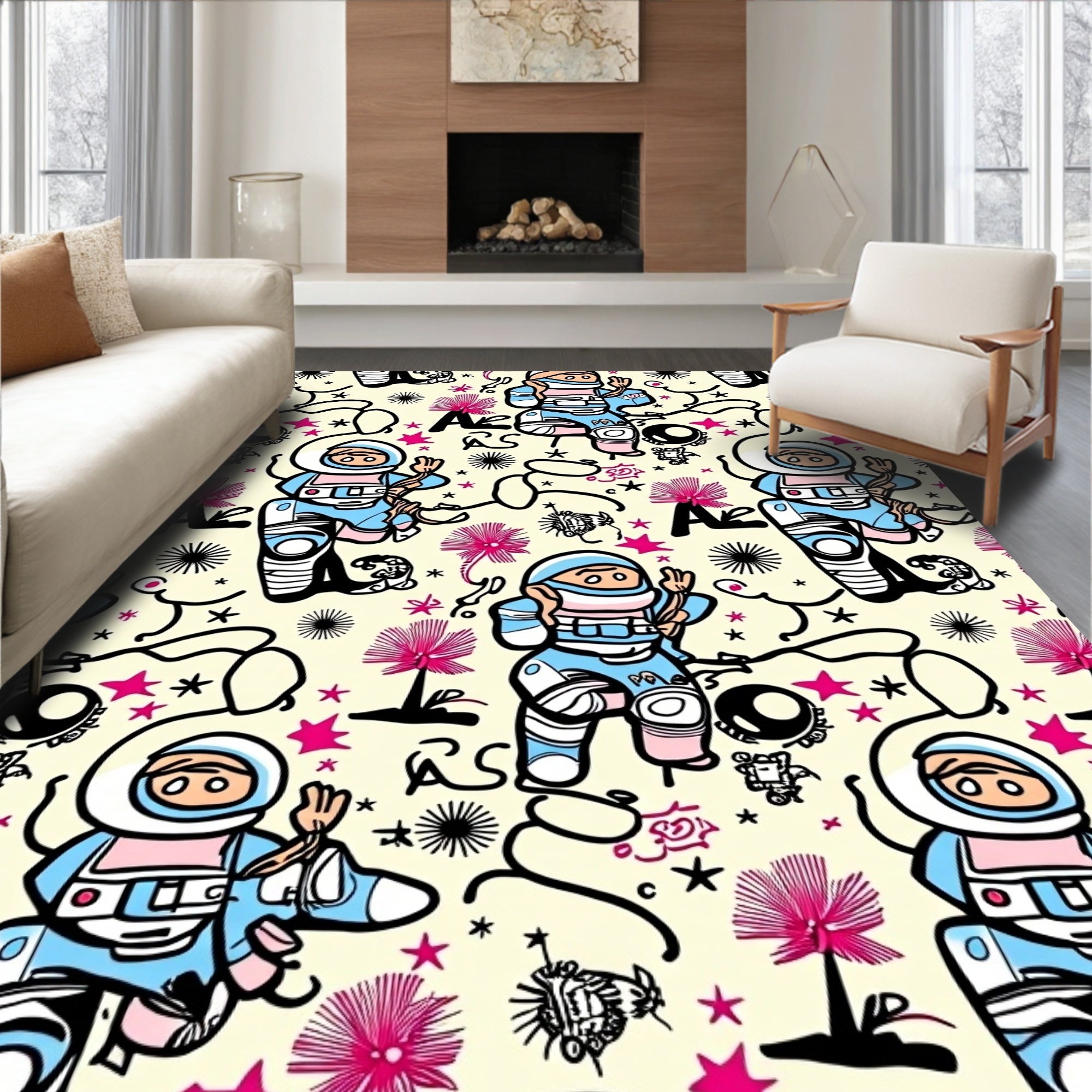 Whimsical Astronaut Space Graffiti Rag Rug