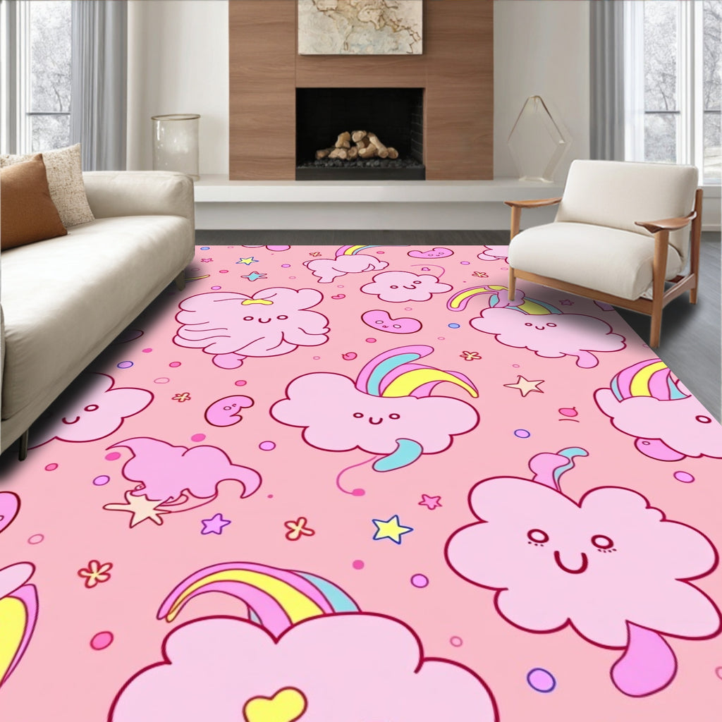 Pink Whimsical Cloud Rainbow Stars Rug