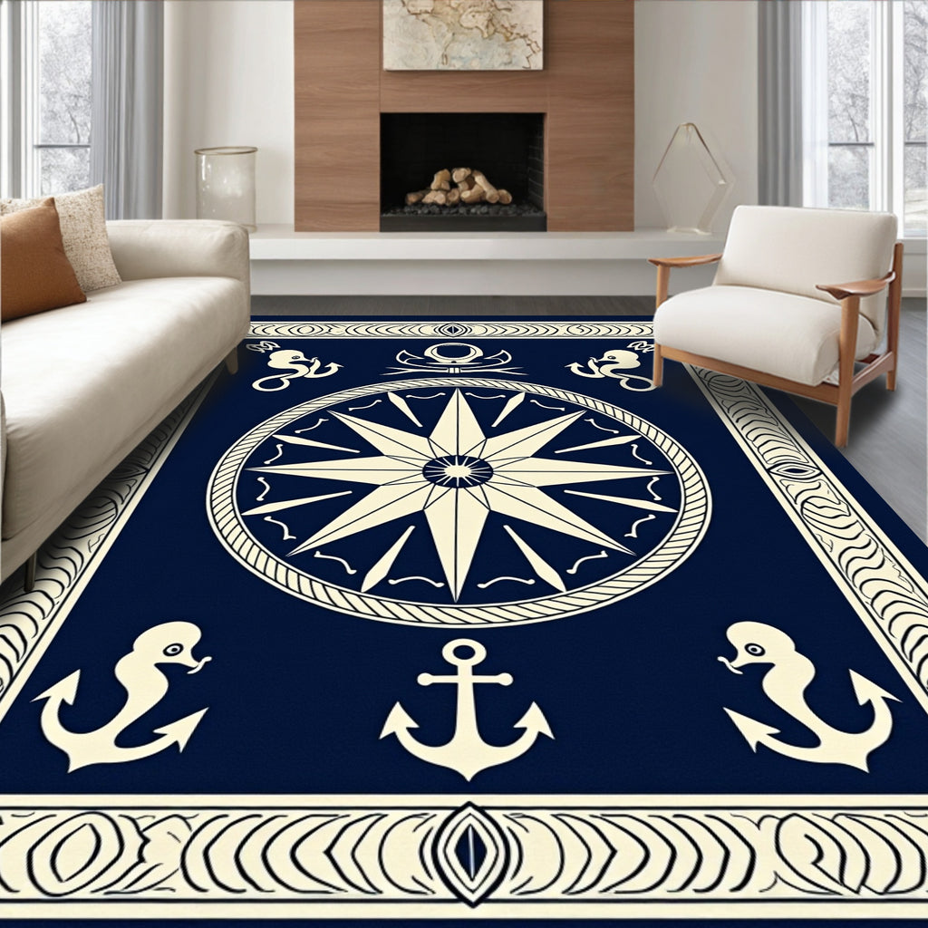 Navy Blue Nautical Compass Anchor Rug