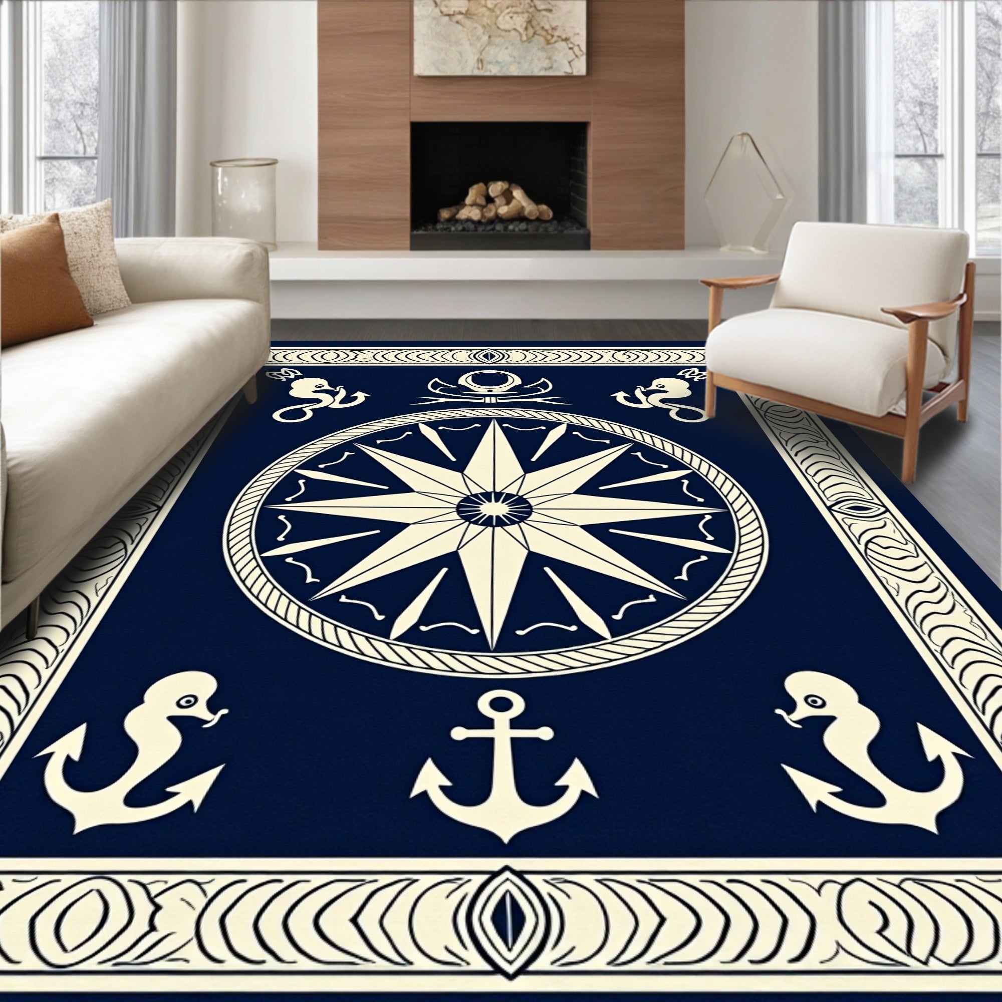 Navy Blue Nautical Compass Anchor Rug