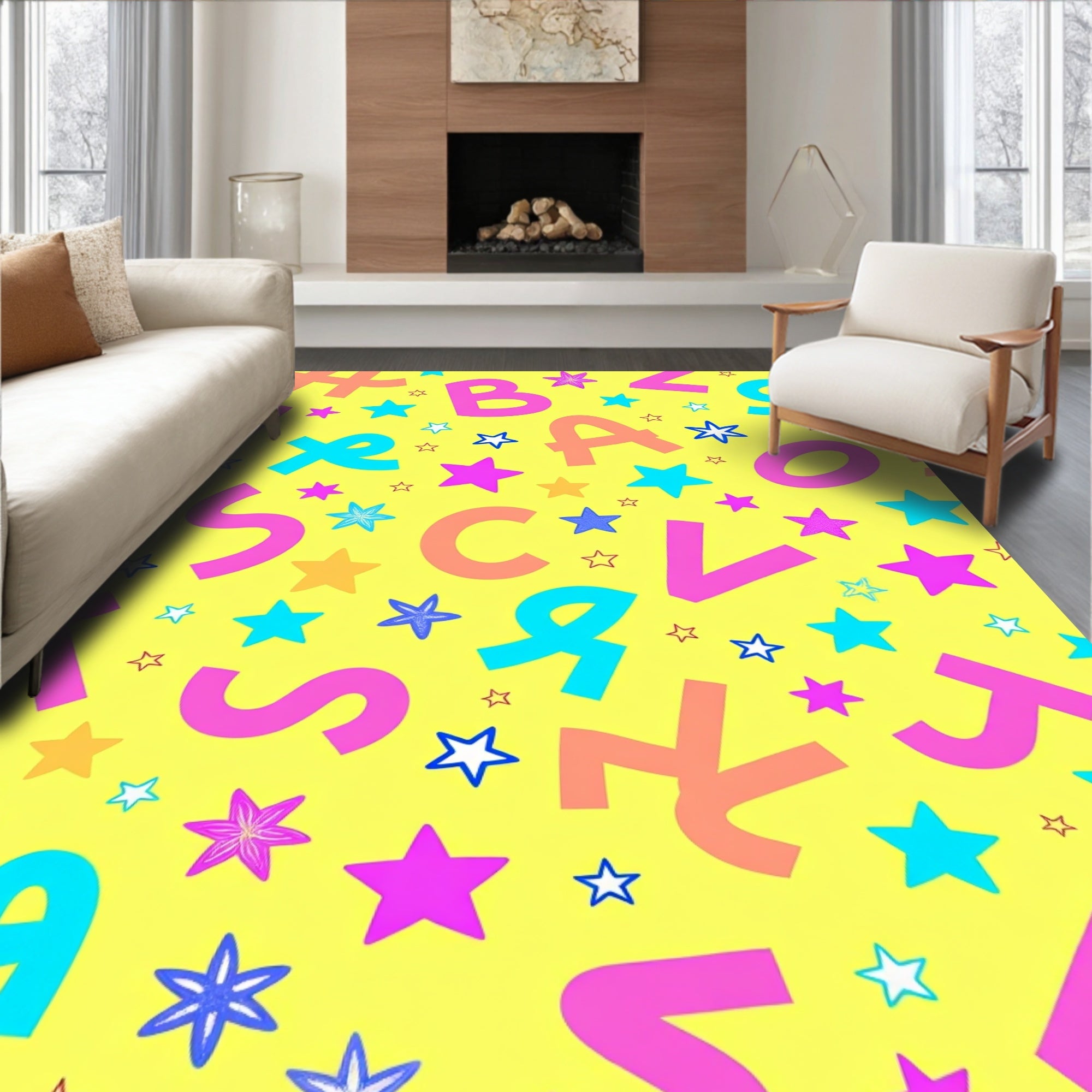 Whimsical Alphabet Stars Yellow Rug