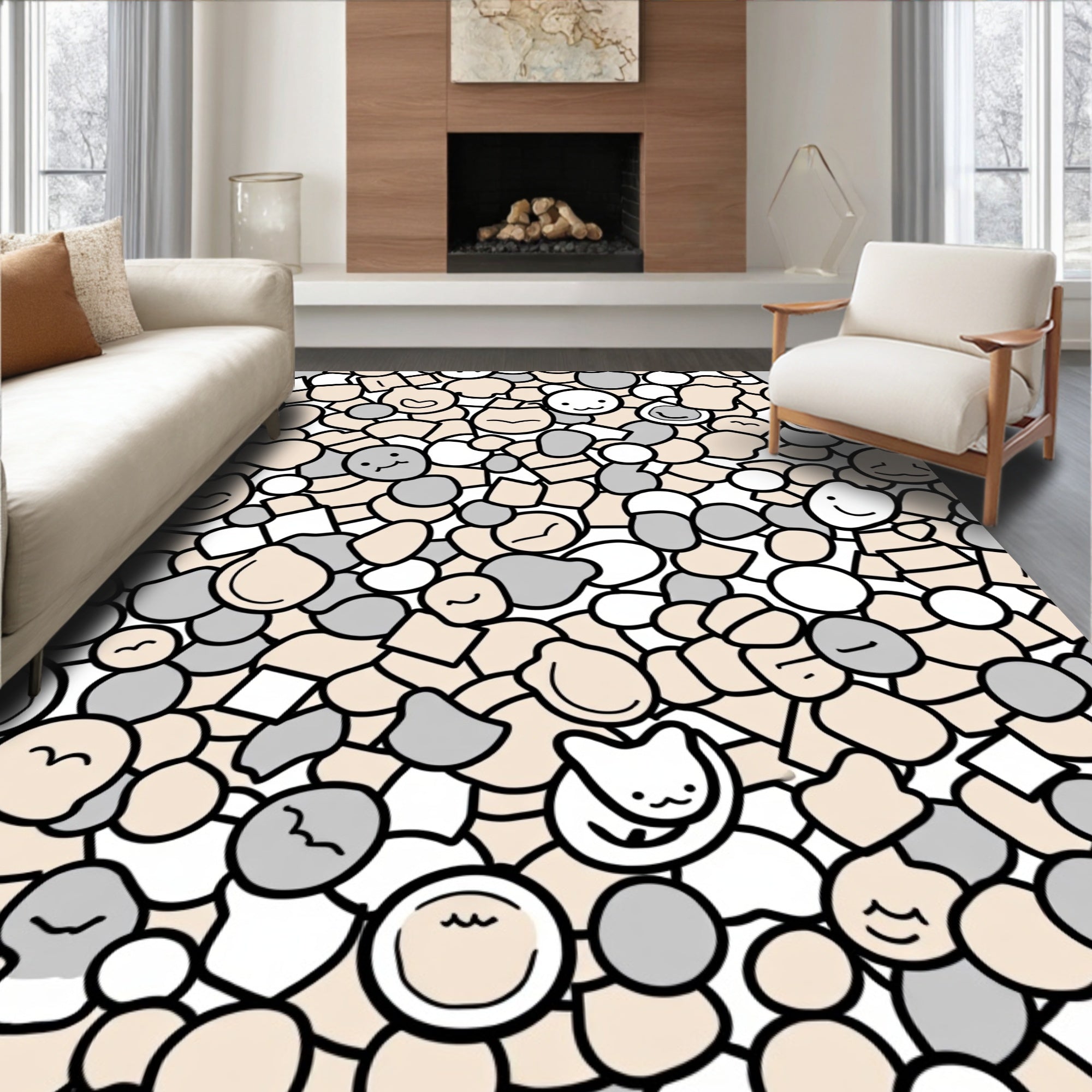Cute Kawaii Cat Faces Scattered Elements Rug