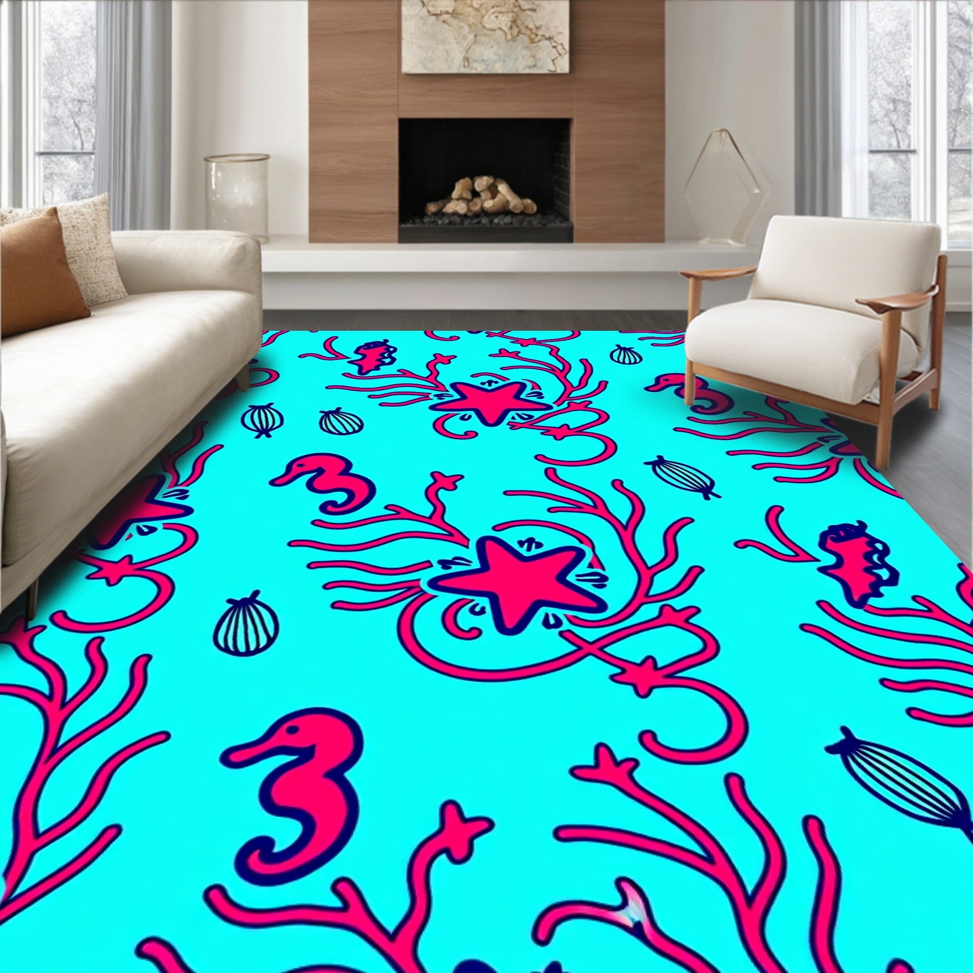 Vibrant Aqua Seahorse Coral Starfish Rug