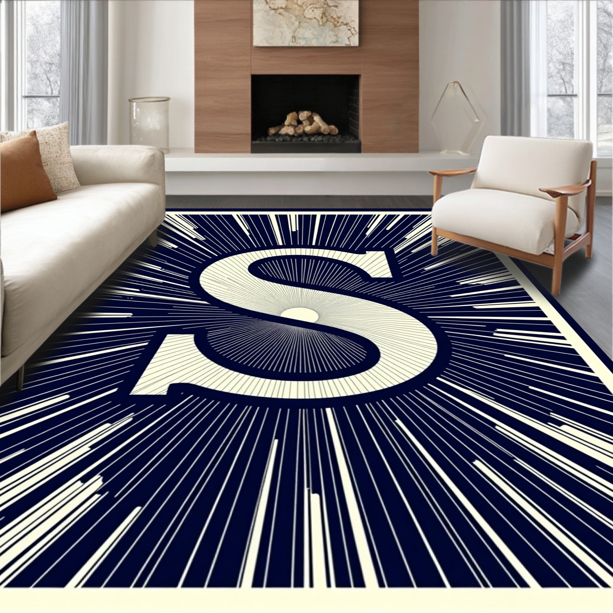 Navy Cream Sunburst Initial S Rug