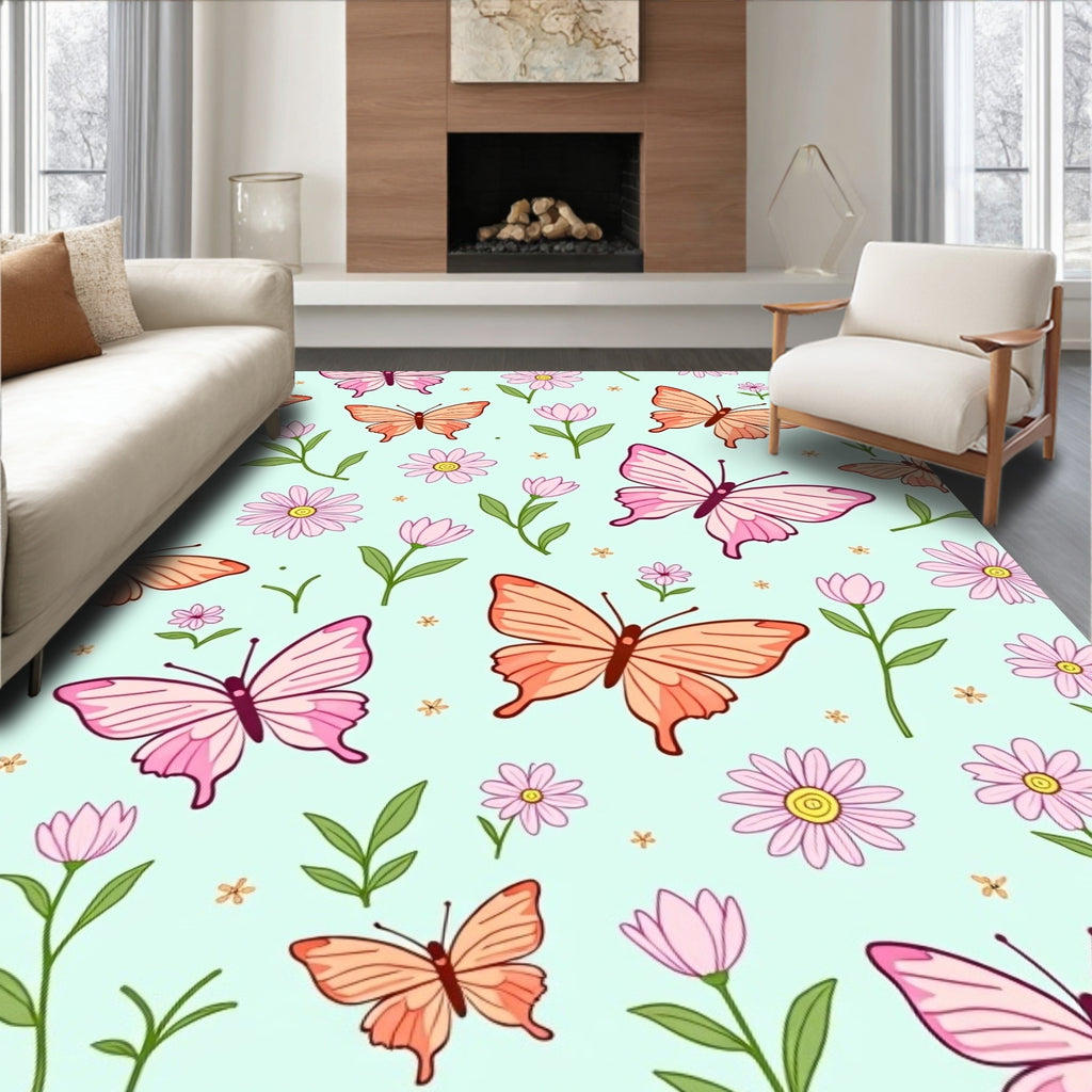 Whimsical Pink Orange Butterfly Garden Rug