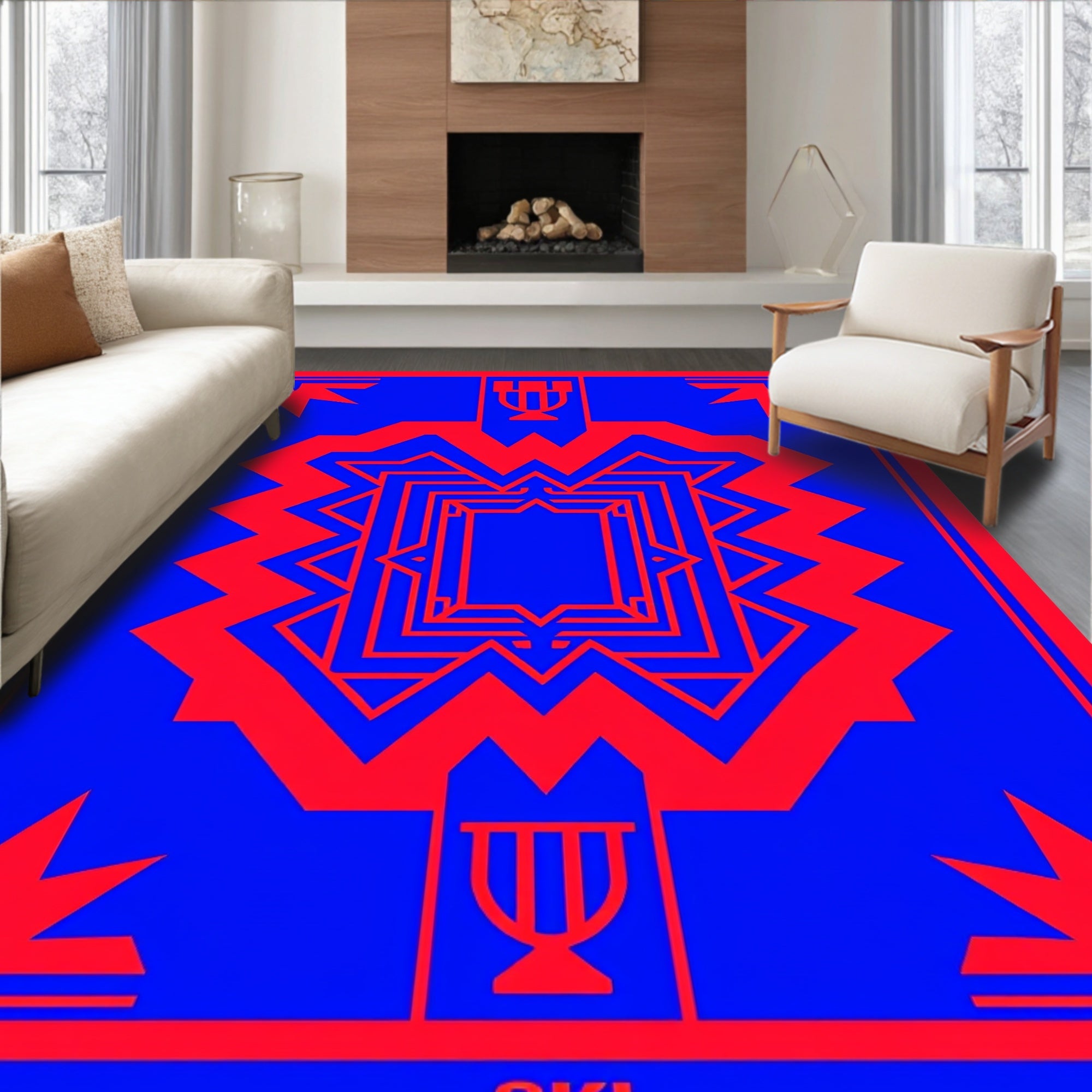 Bold Blue Red Geometric Symmetry Rug