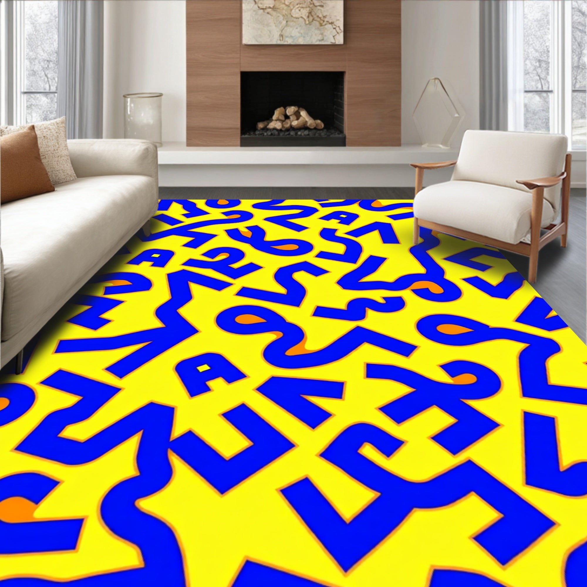Bold Blue Abstract Shapes Yellow Background Rug