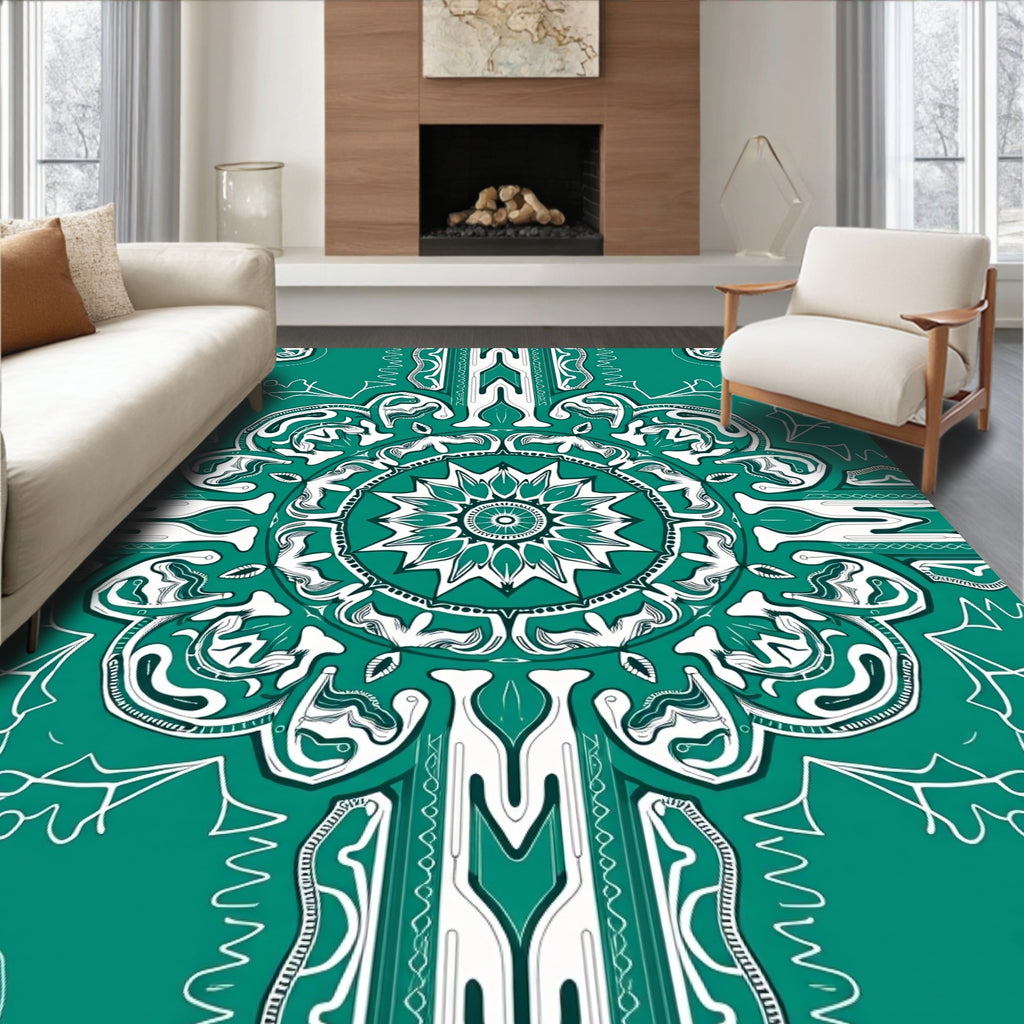 Teal White Floral Medallion Mandala Rug