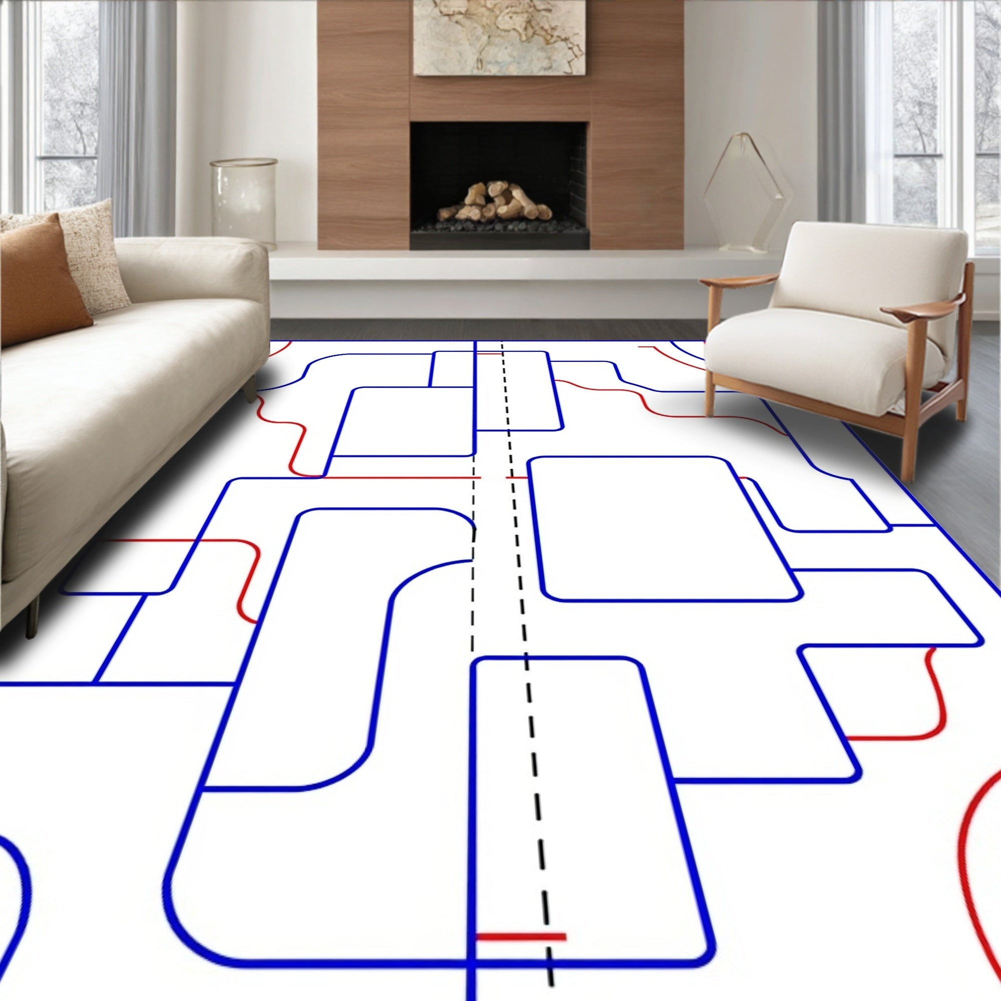 Abstract Blue Red Geometric Intersecting Lines Rug