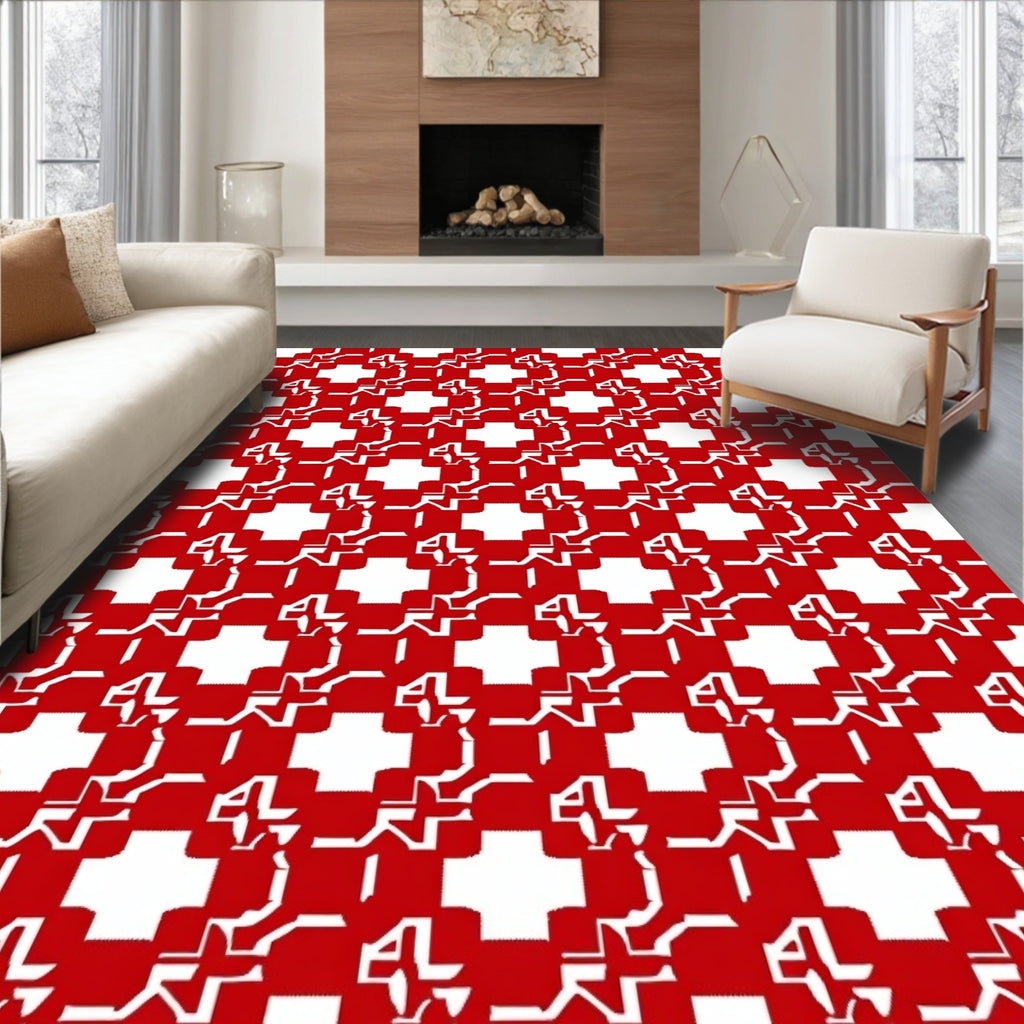 Modern Red White Geometric Interlocking Squares Rug