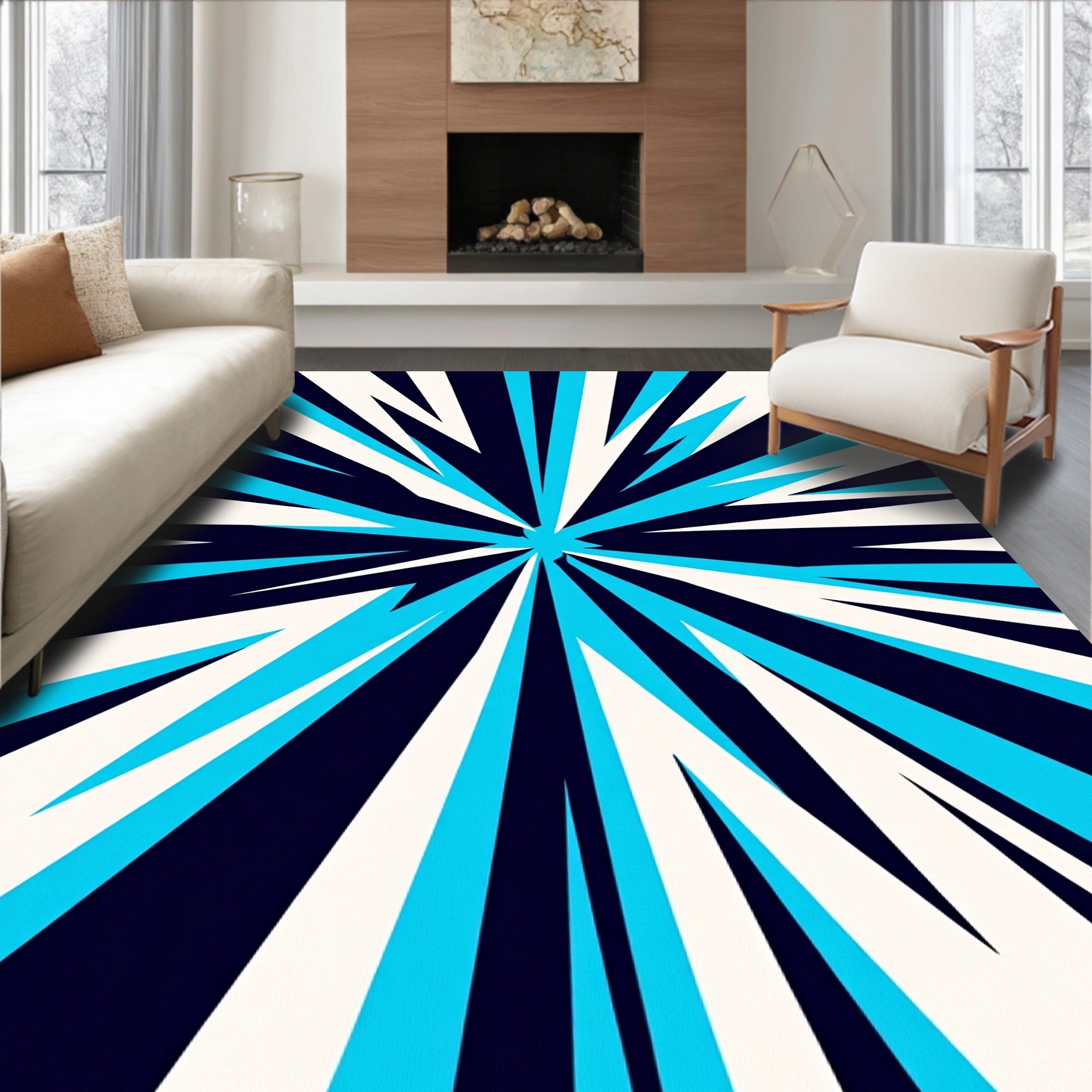 Bold Cyan Starburst Burst Rug