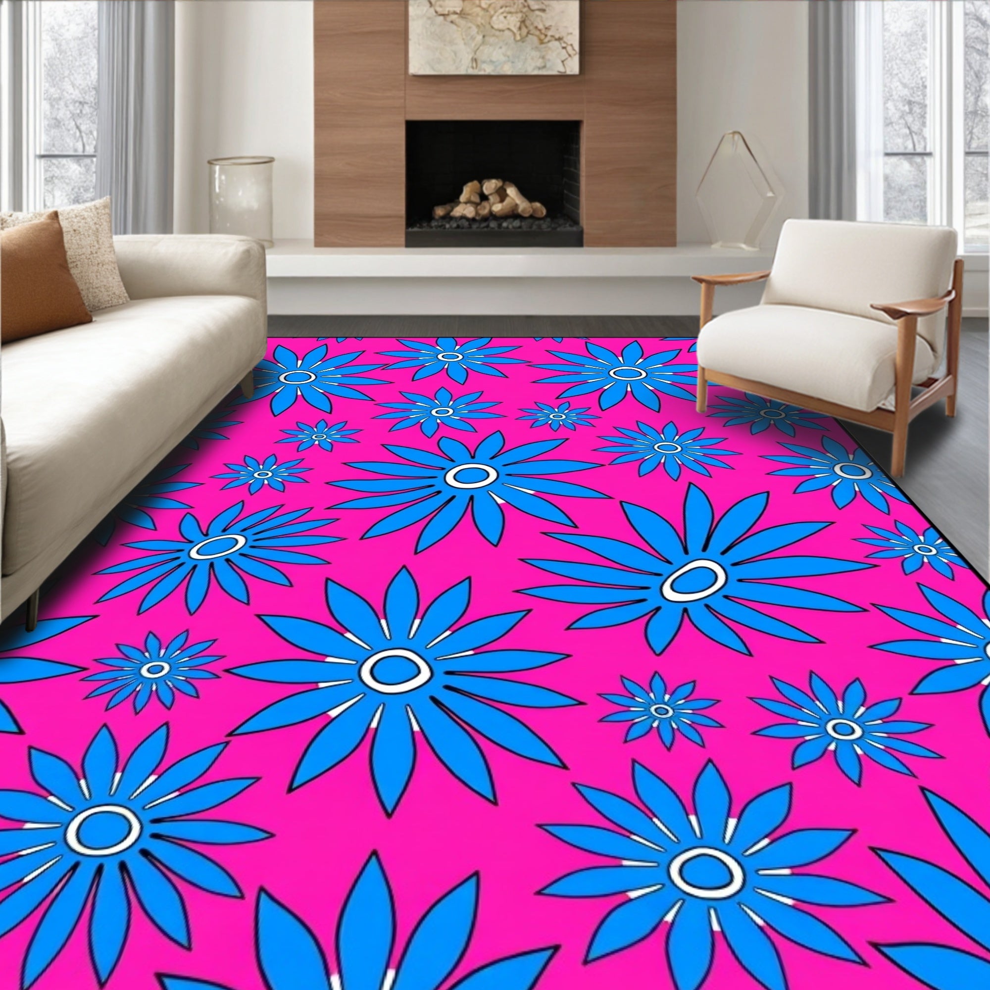 Vibrant Pink Blue Flower Medley Rug