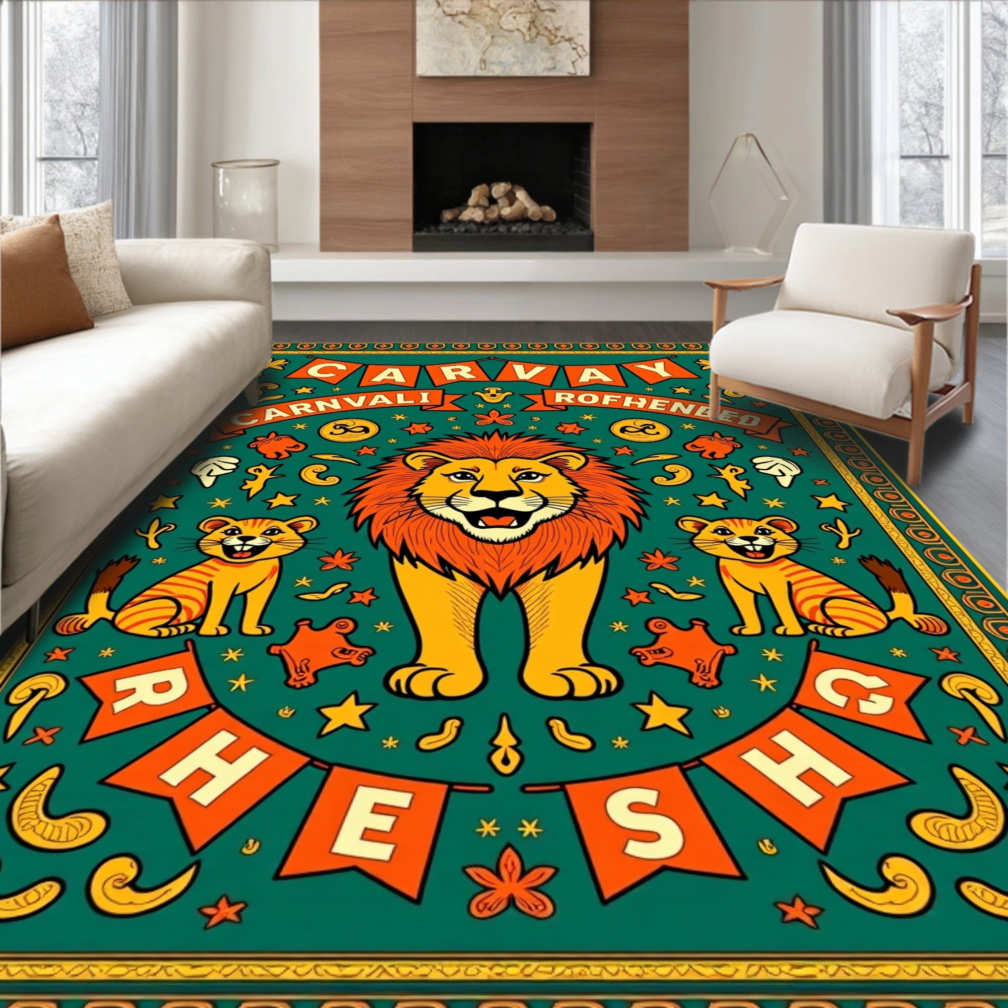 Crimson Lion Circus Banners Rug