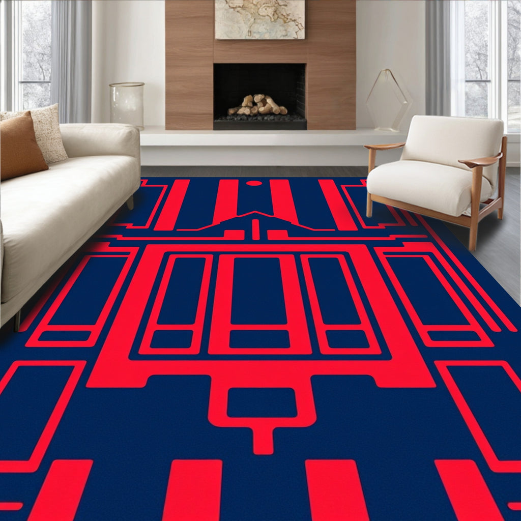 Bold Red Geometric Circuit Board Rug