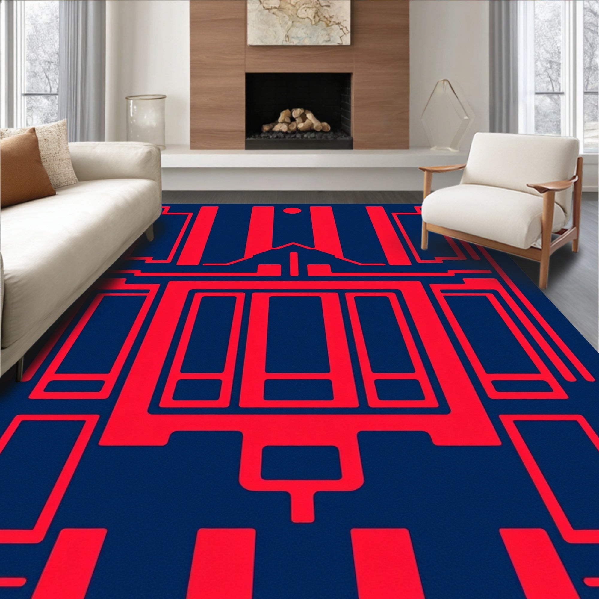Bold Red Geometric Circuit Board Rug