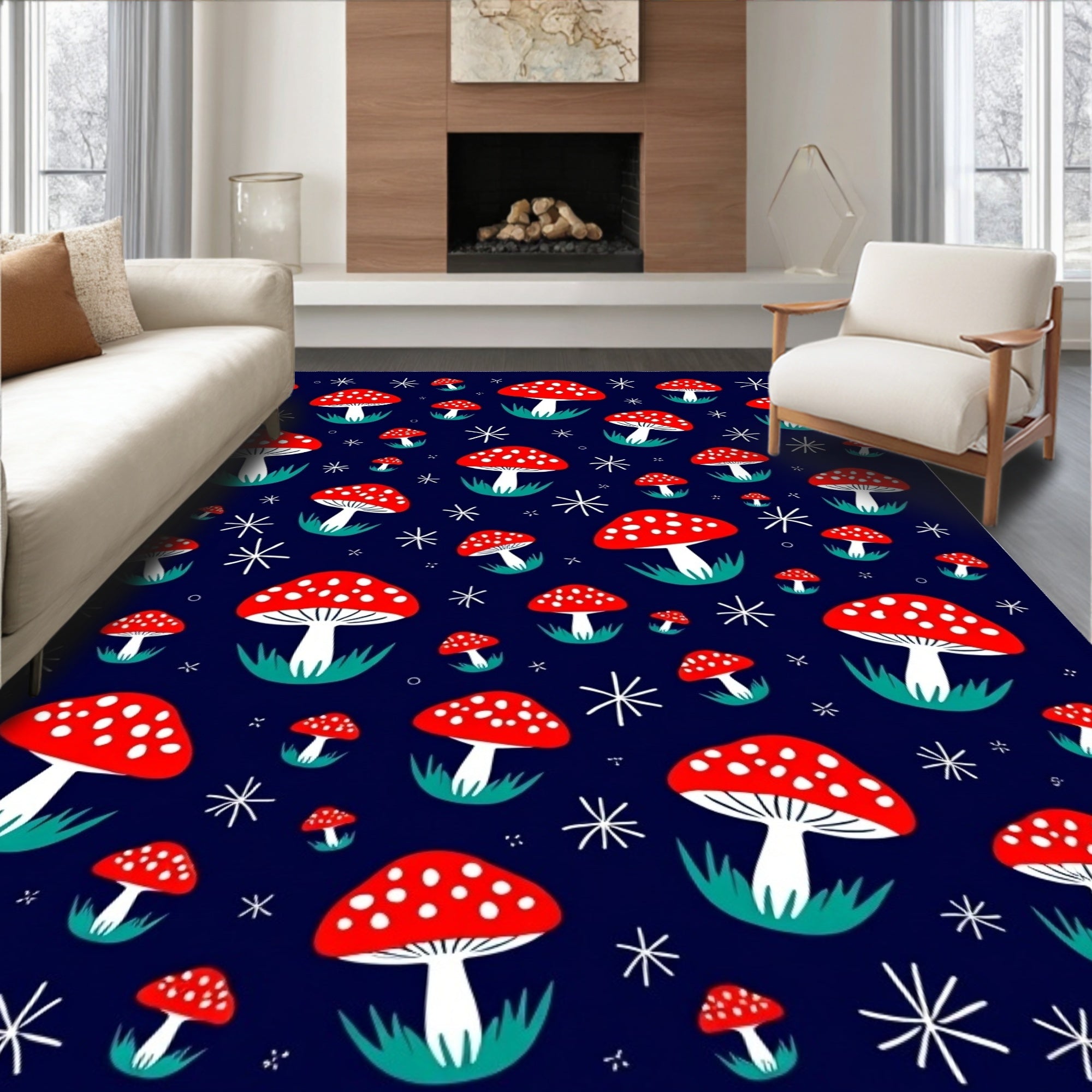 Whimsical Red Mushroom Starry Night Rug