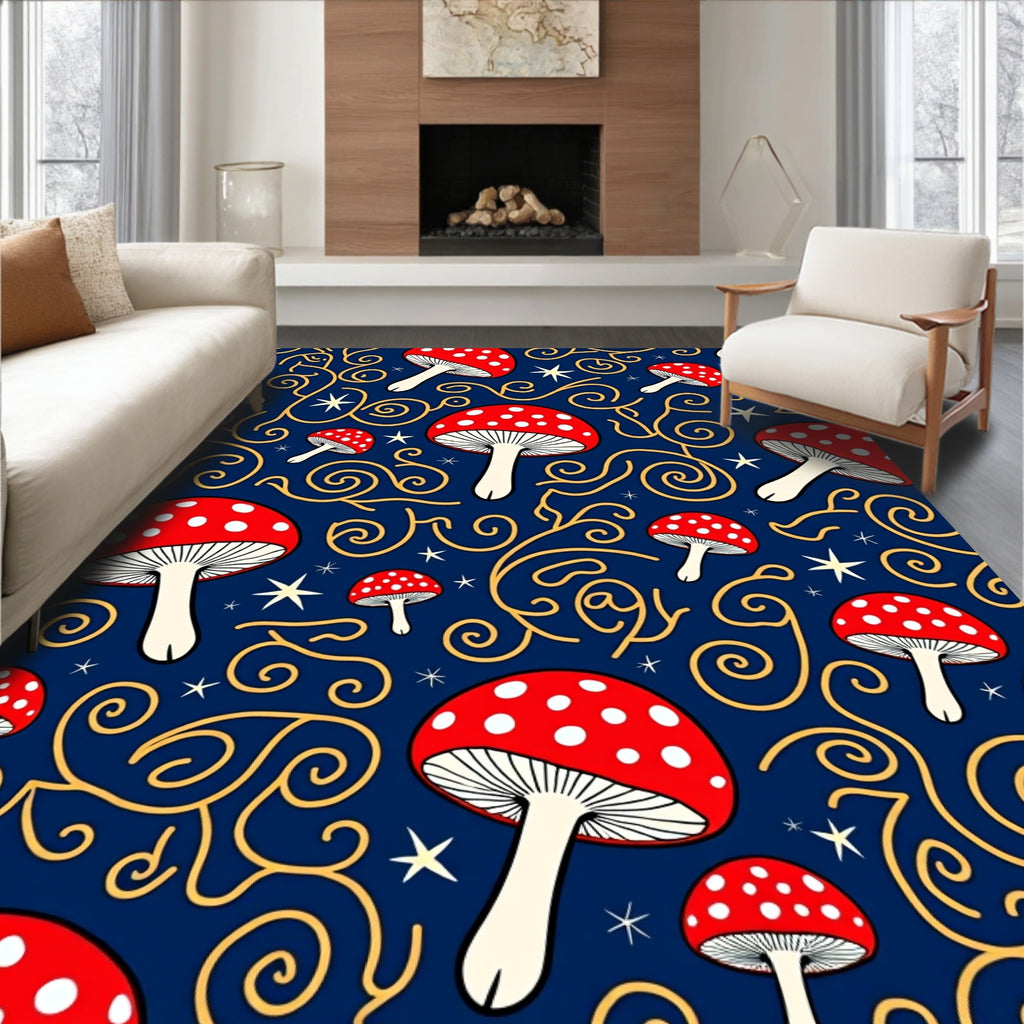 Red Mushroom Stars Swirls Rug