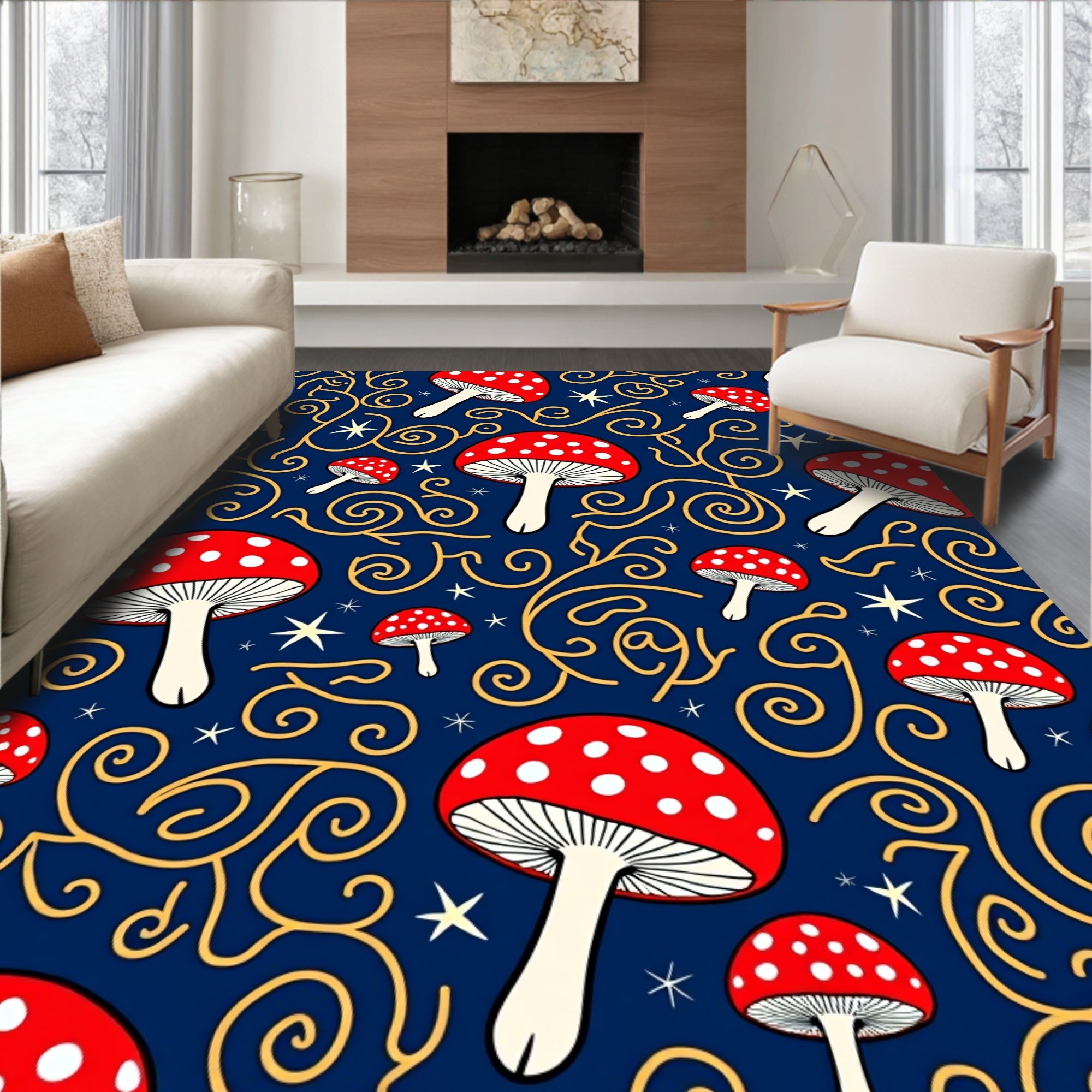 Red Mushroom Stars Swirls Rug