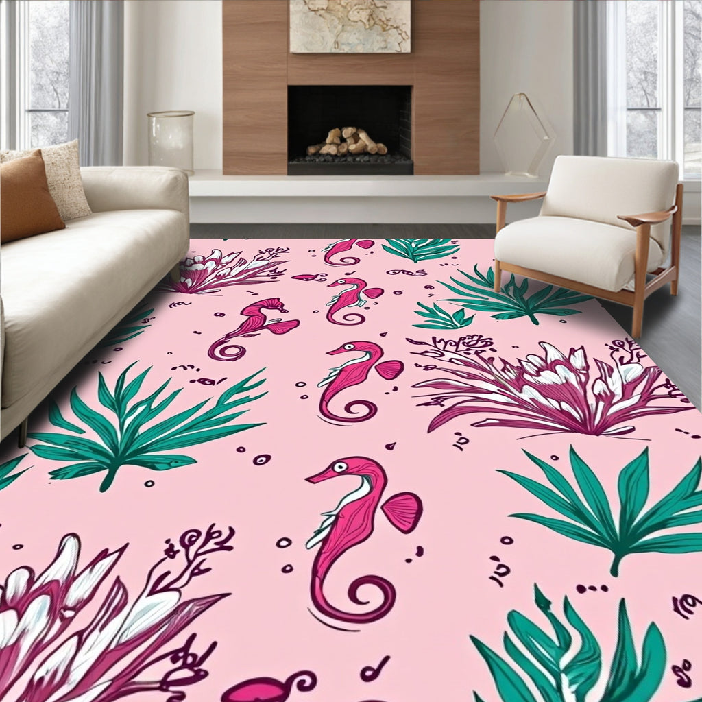 Pink Seahorse Teal Coral Reef Rug