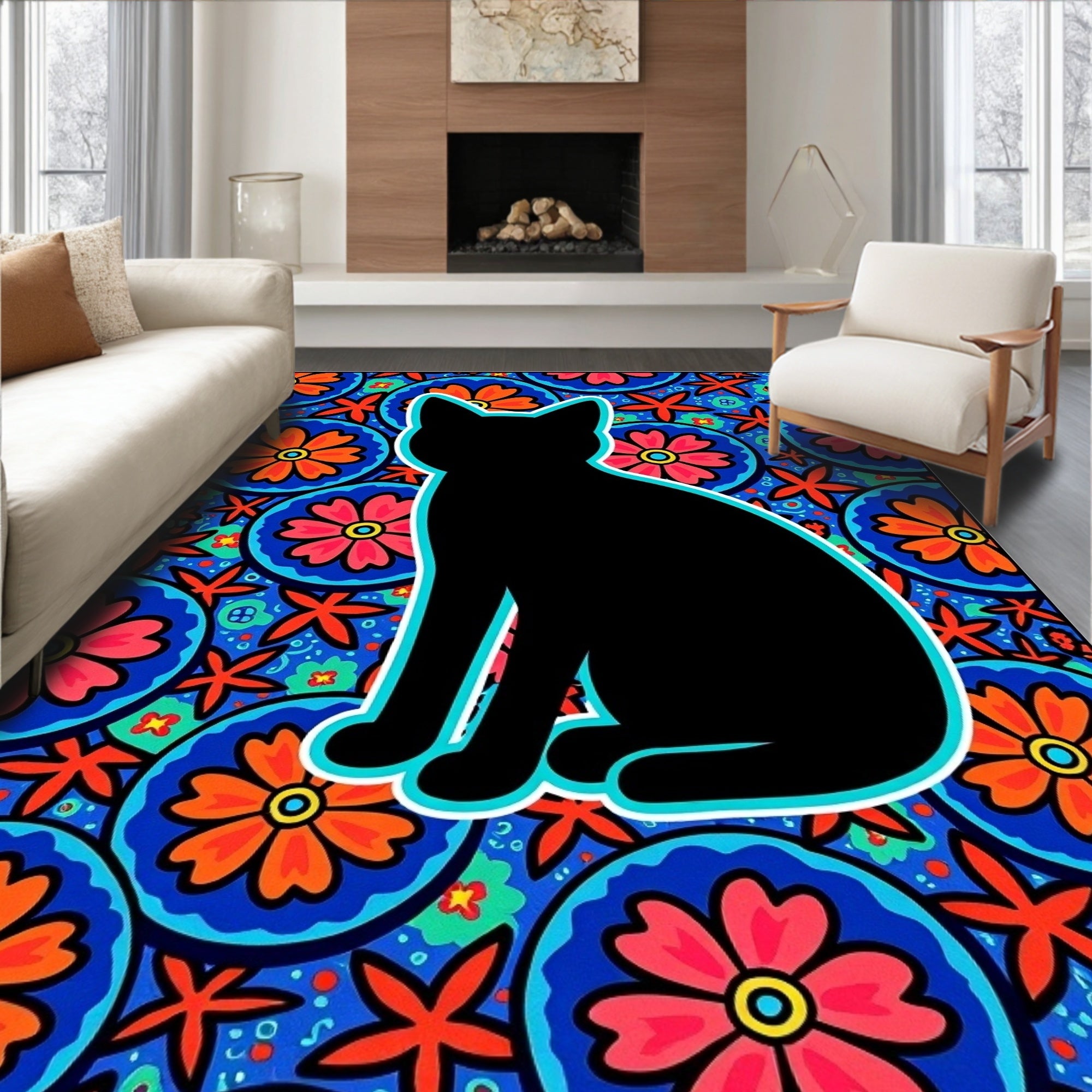 Black Cat Vivid Floral Mandala Rug