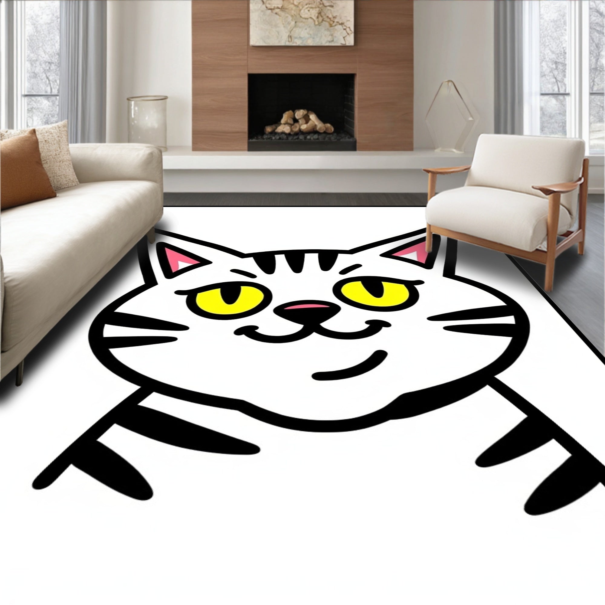Playful White Cat With Yellow Eyes Rug