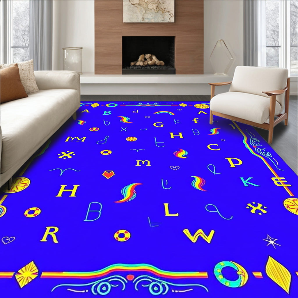 Rainbow Alphabet Bordered Blue Rug