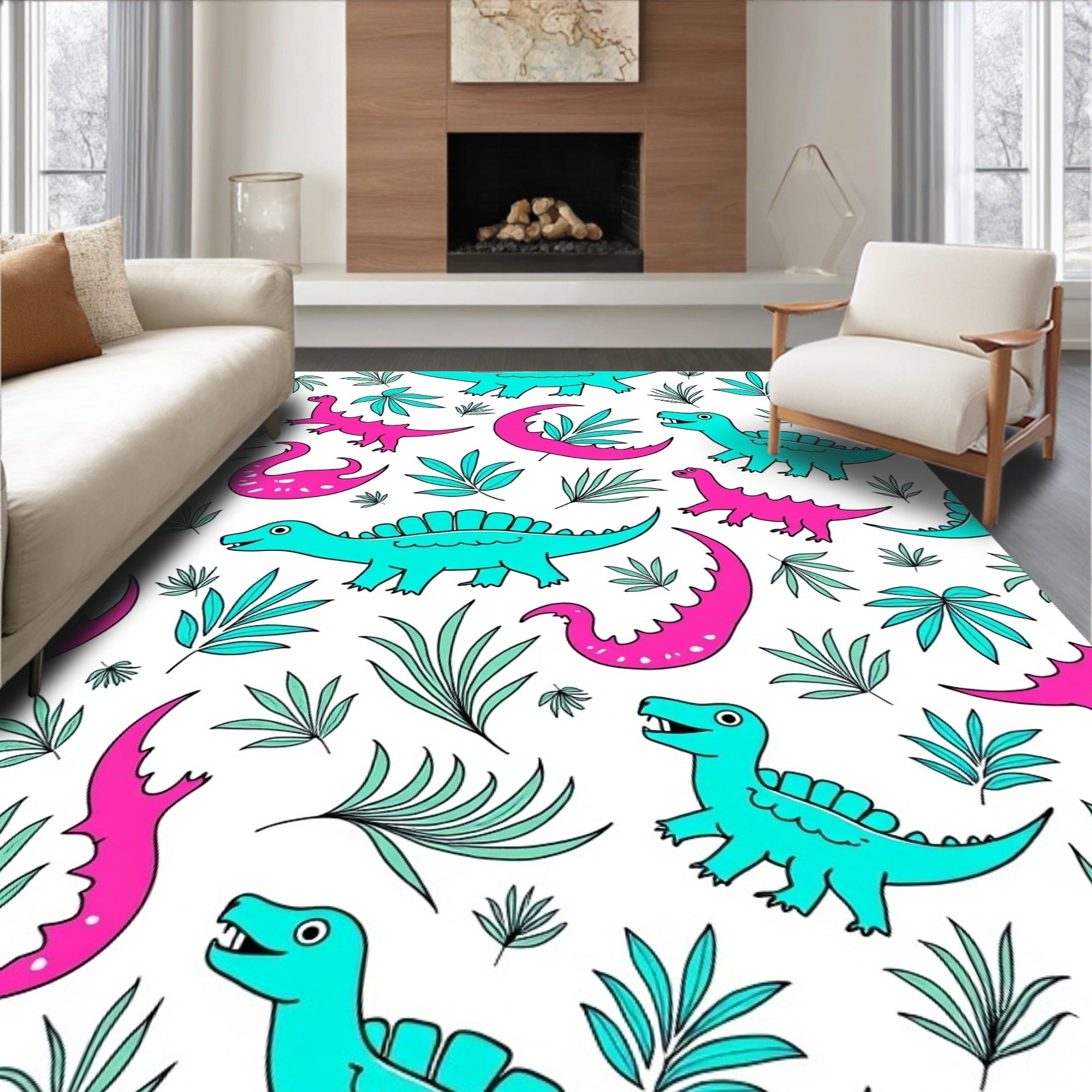Playful Pink Turquoise Dinosaur Jungle Rug