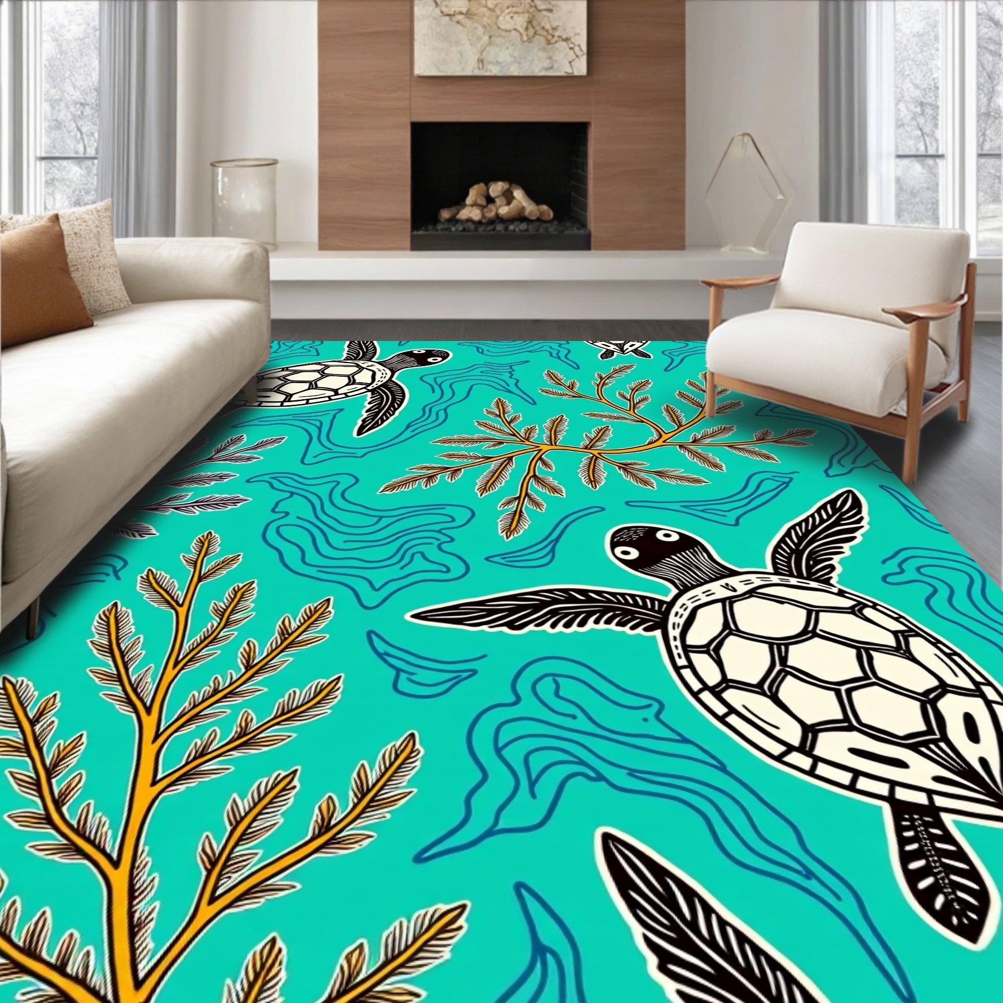 Aqua Sea Turtle Coral Waves Rug