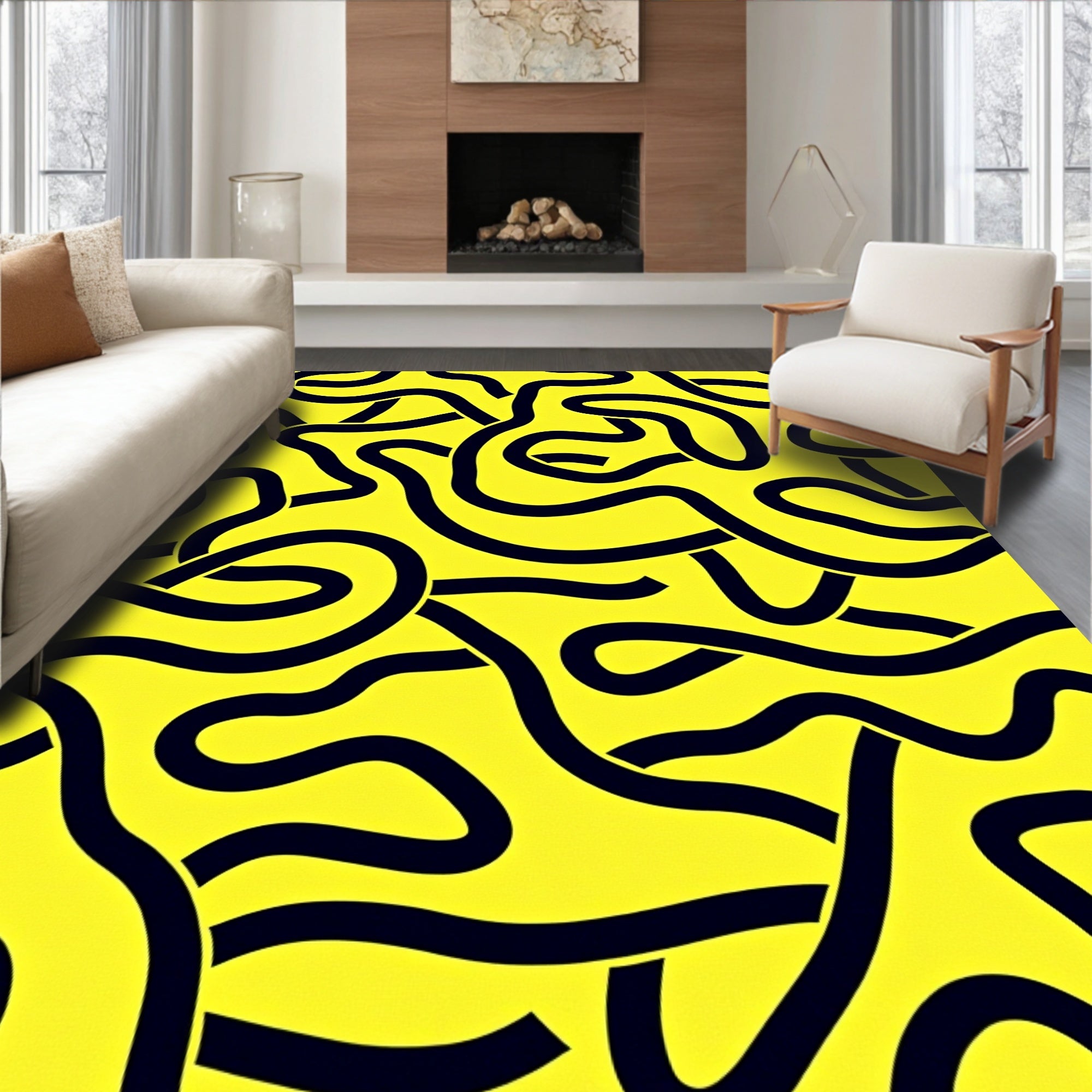Bold Black Yellow Intertwined Lines Rug