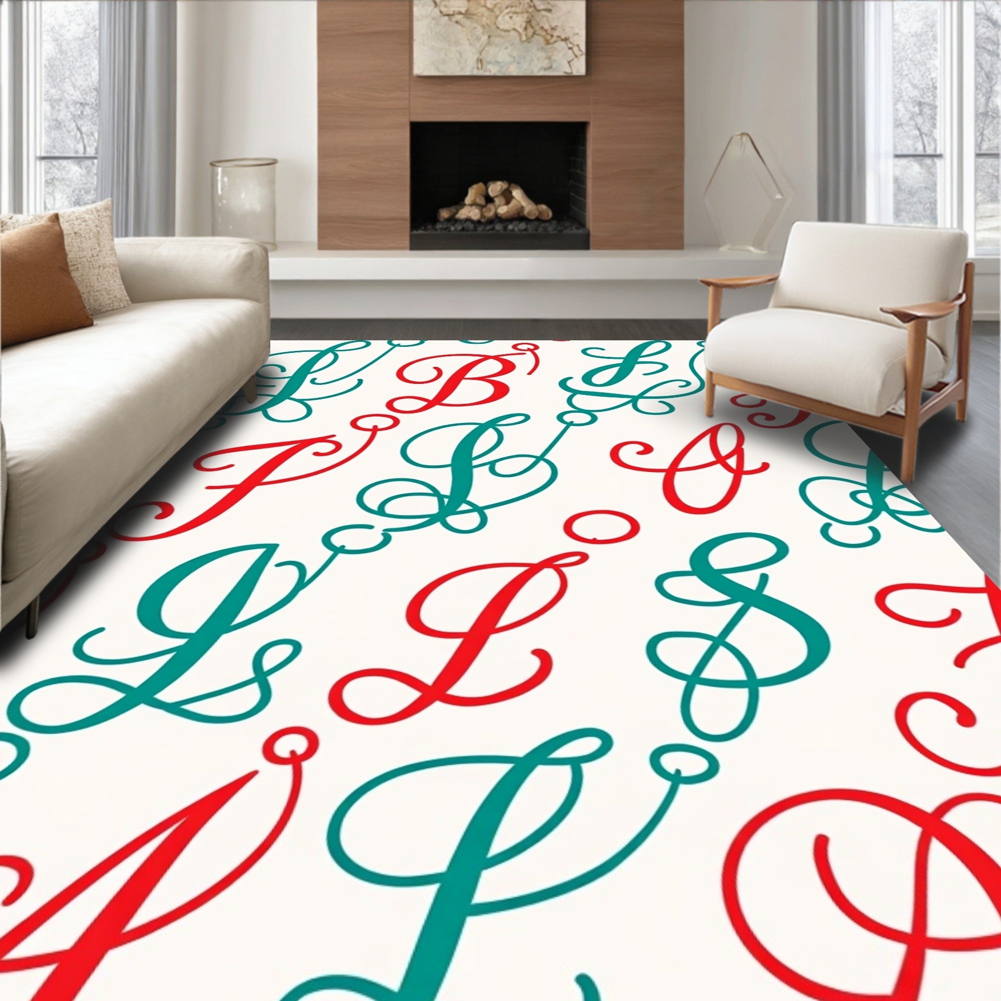 Red Teal Script Alphabet Arrangement Rug