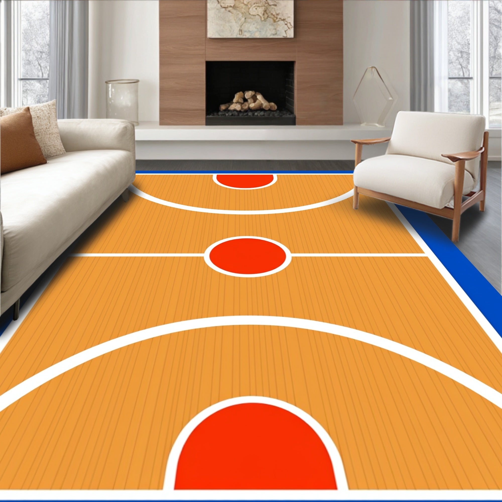 Orange Court Red Circles White Arcs Rug