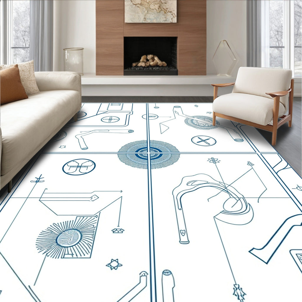 Blue Blueprint Geometric Technical Diagram Rug
