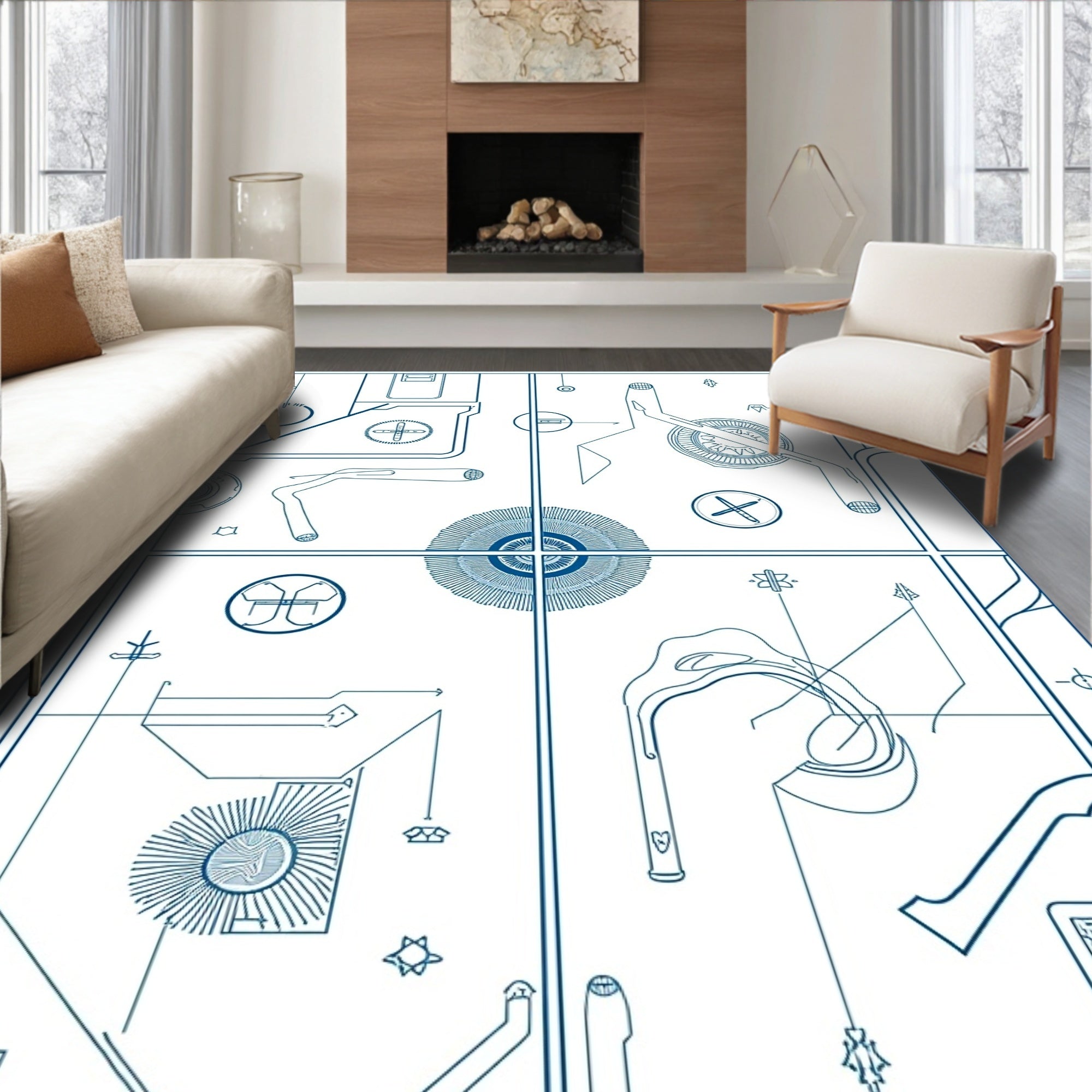 Blue Blueprint Geometric Technical Diagram Rug
