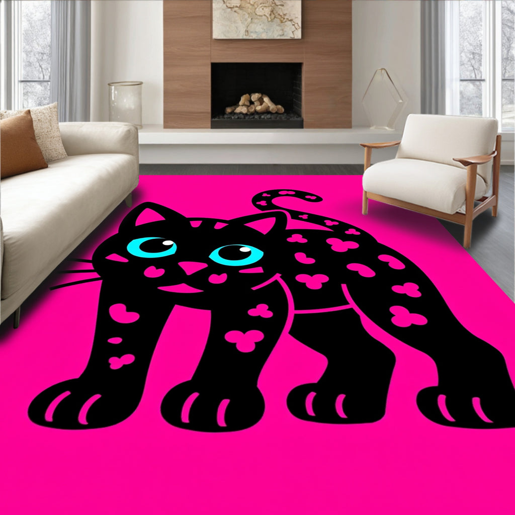 Black Feline Pink Clover Accents Rug