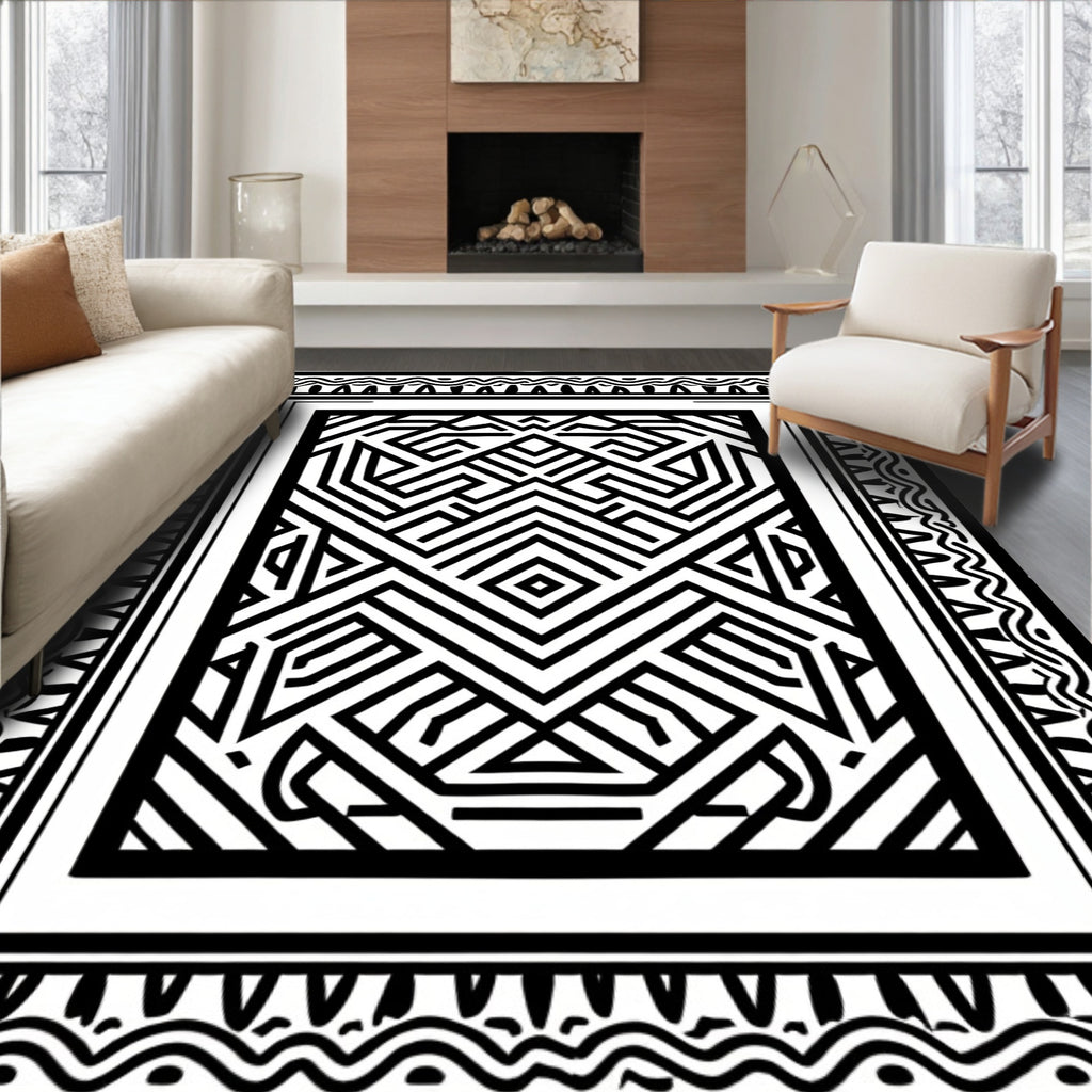 Abstract Black White Linear Geometric Loom Rug