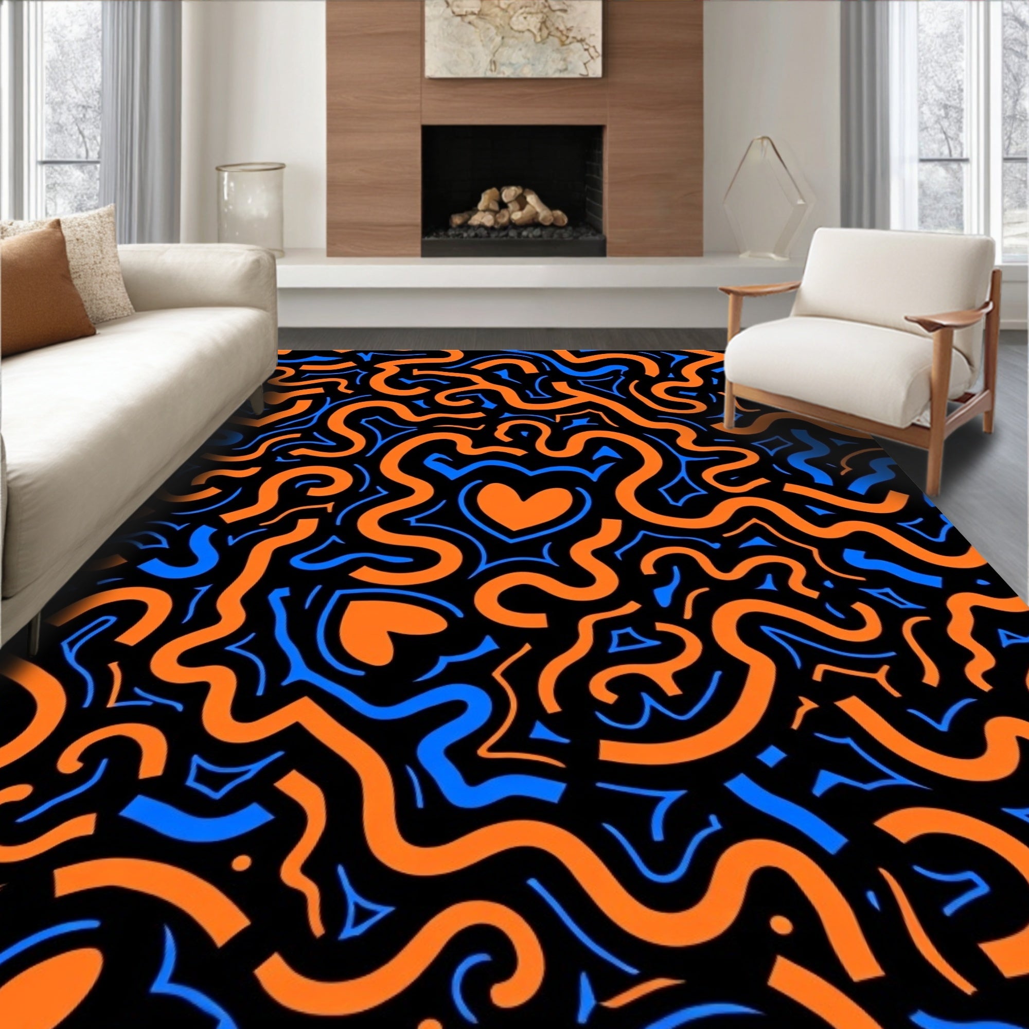 Bold Orange Blue Heart Swirl Rug
