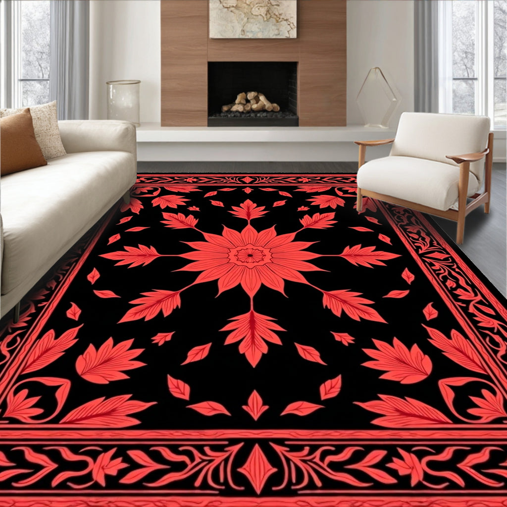 Coral Black Floral Medallion Border Rug