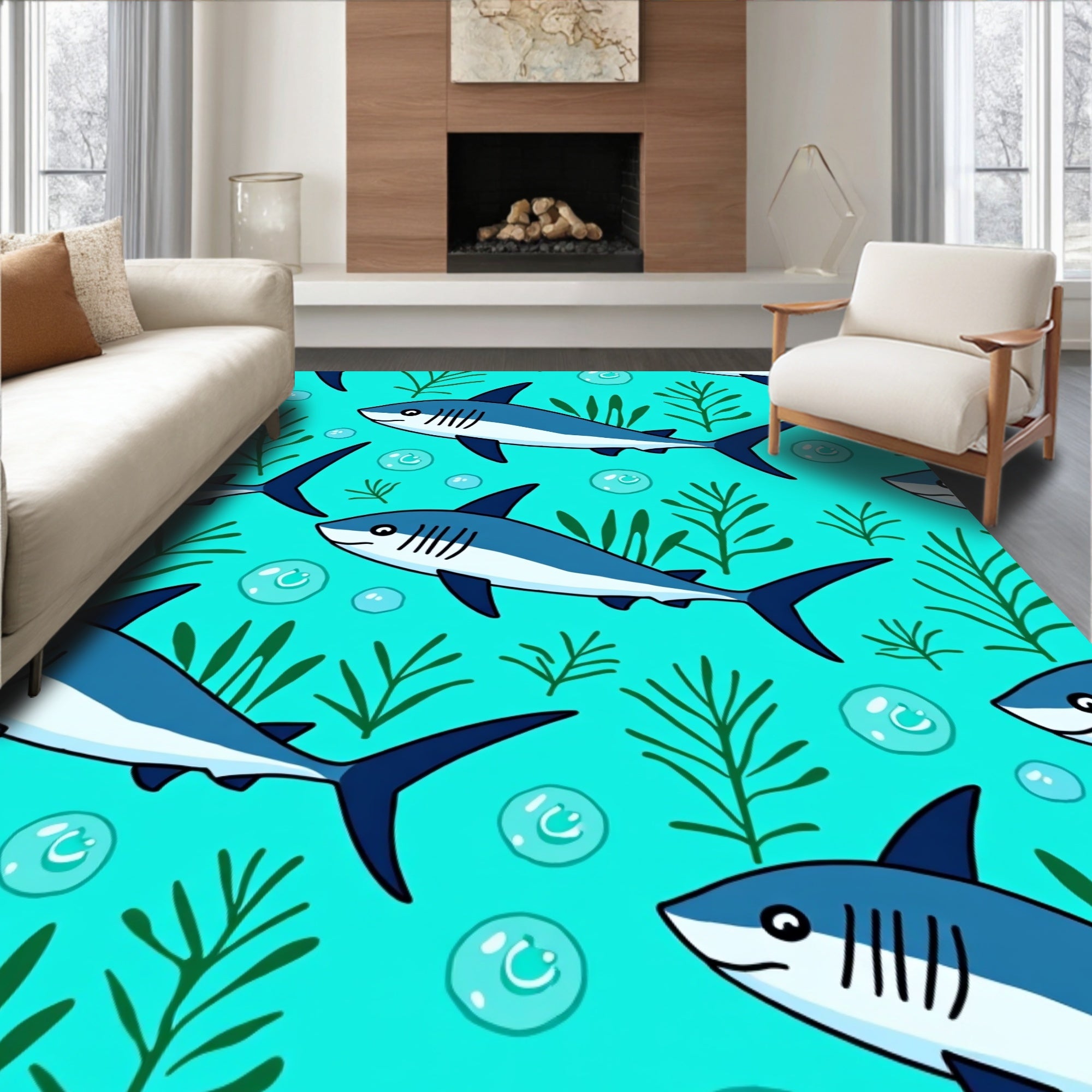 Cute Blue Sharks Underwater Sea Life Rug