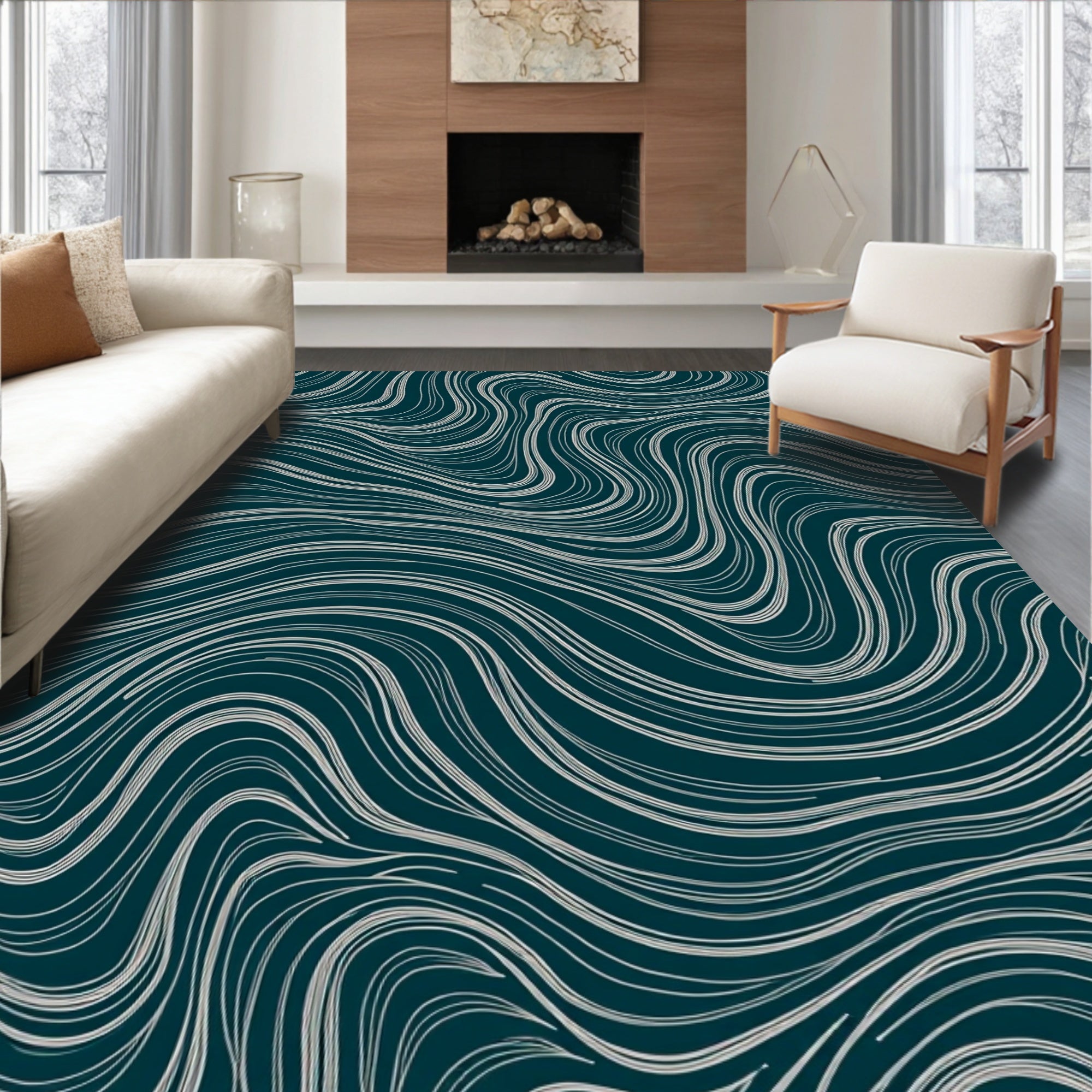 Deep Teal Swirling White Lines Rug