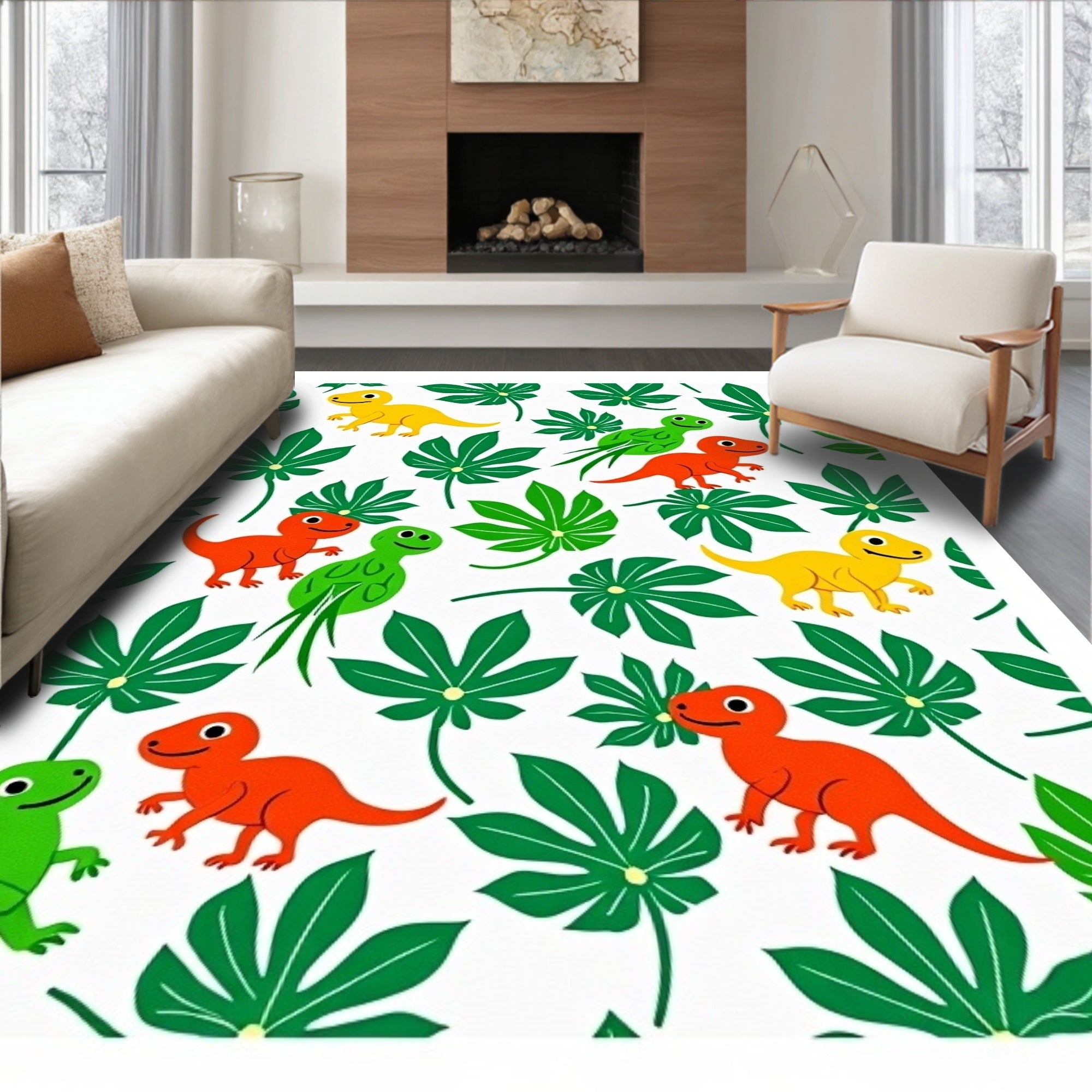 Jungle Dinosaurs Green Foliage Friends Rug