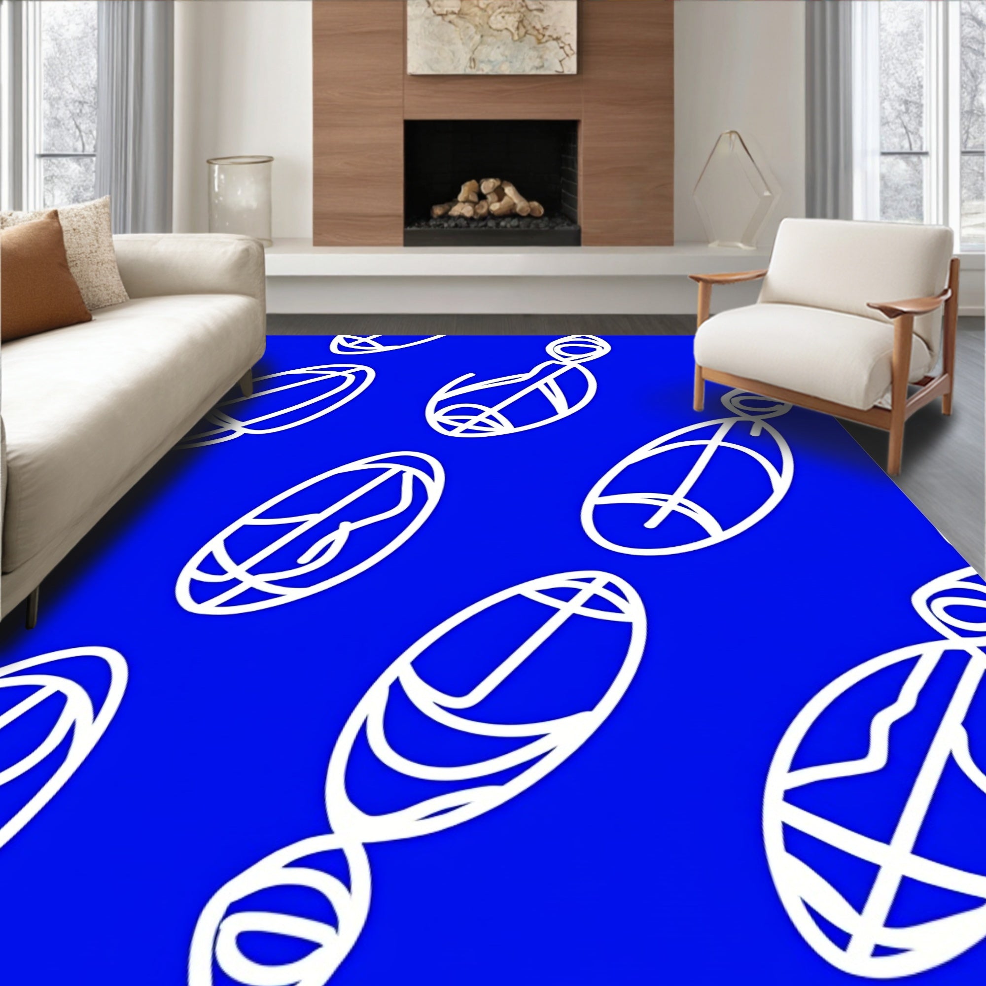 Bright Blue Whimsical Linear Figures Rug