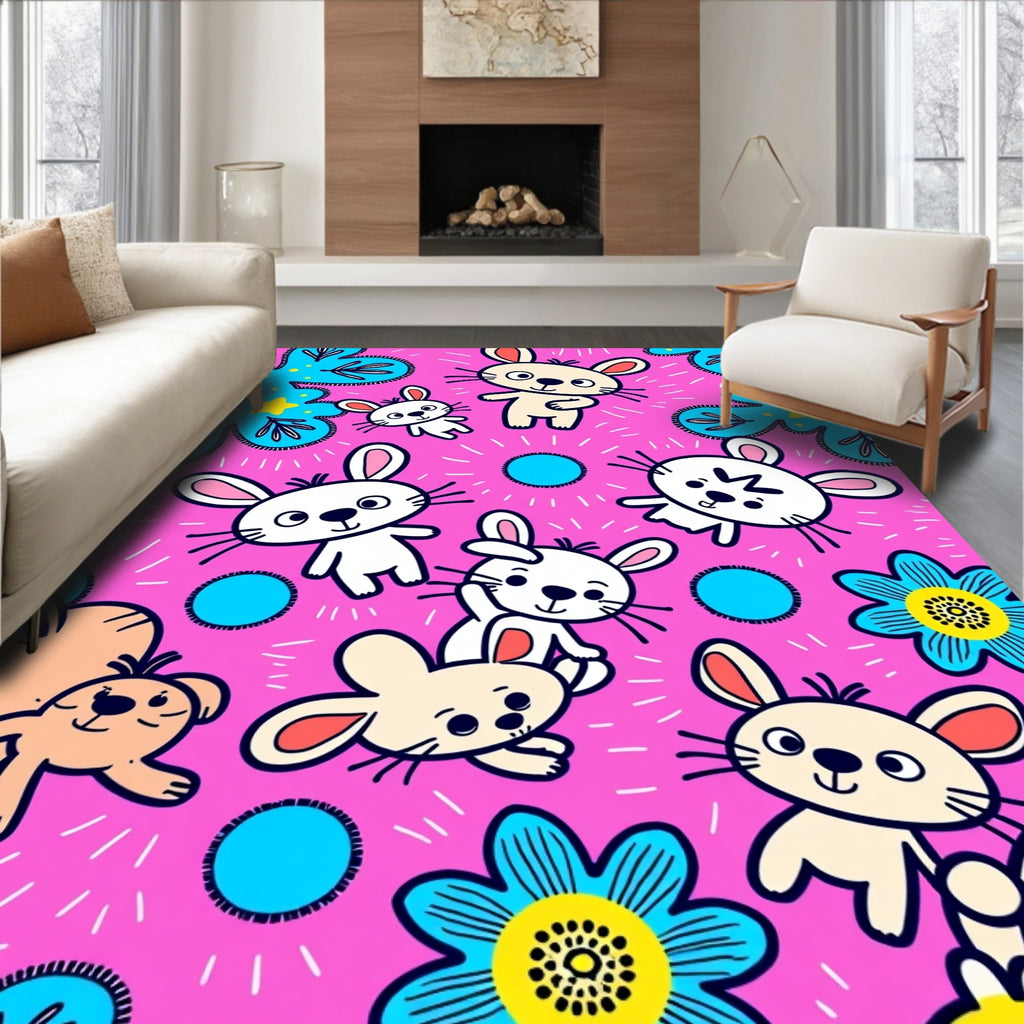 Cute Pink Bunny Flower Whimsical Rug