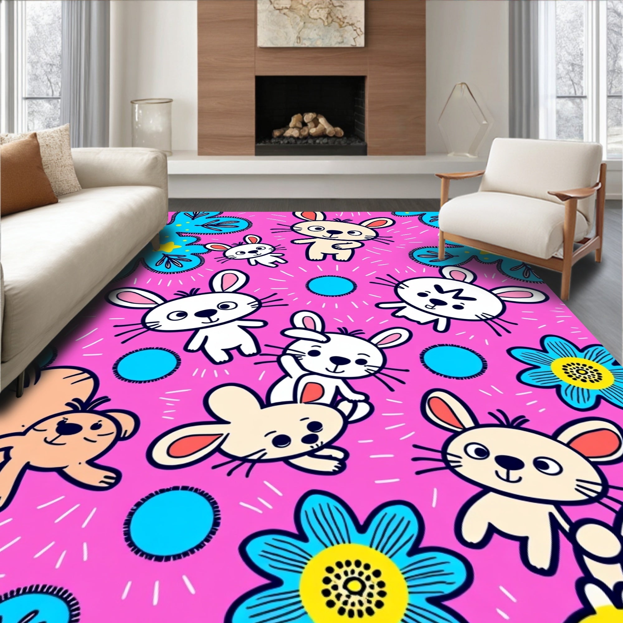 Cute Pink Bunny Flower Whimsical Rug
