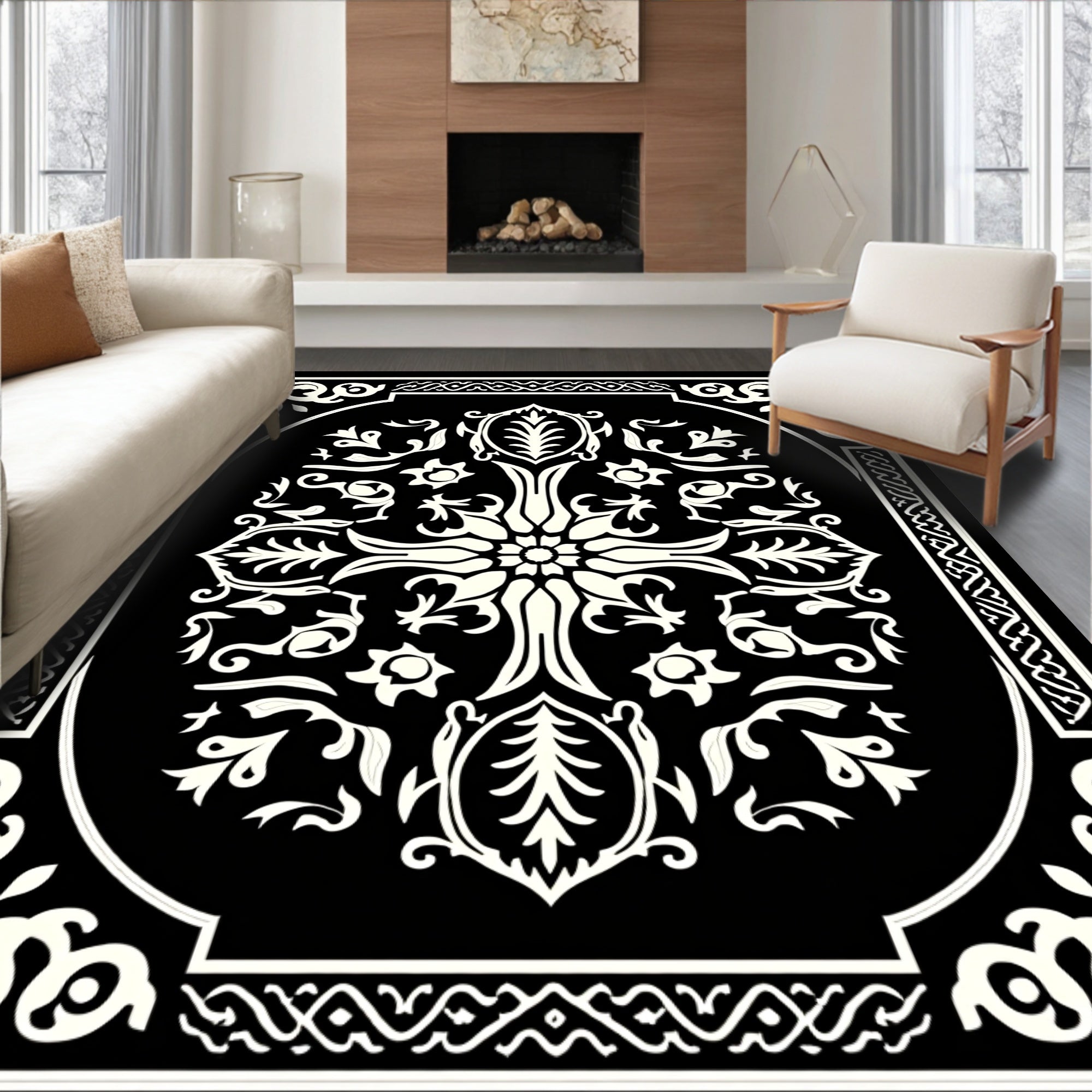 Black and Ivory Ornamental Floral Medallion Rug