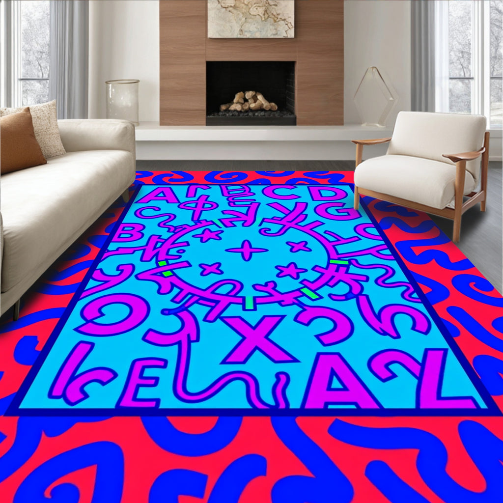 Red Blue Abstract Alphabet Circle Rug