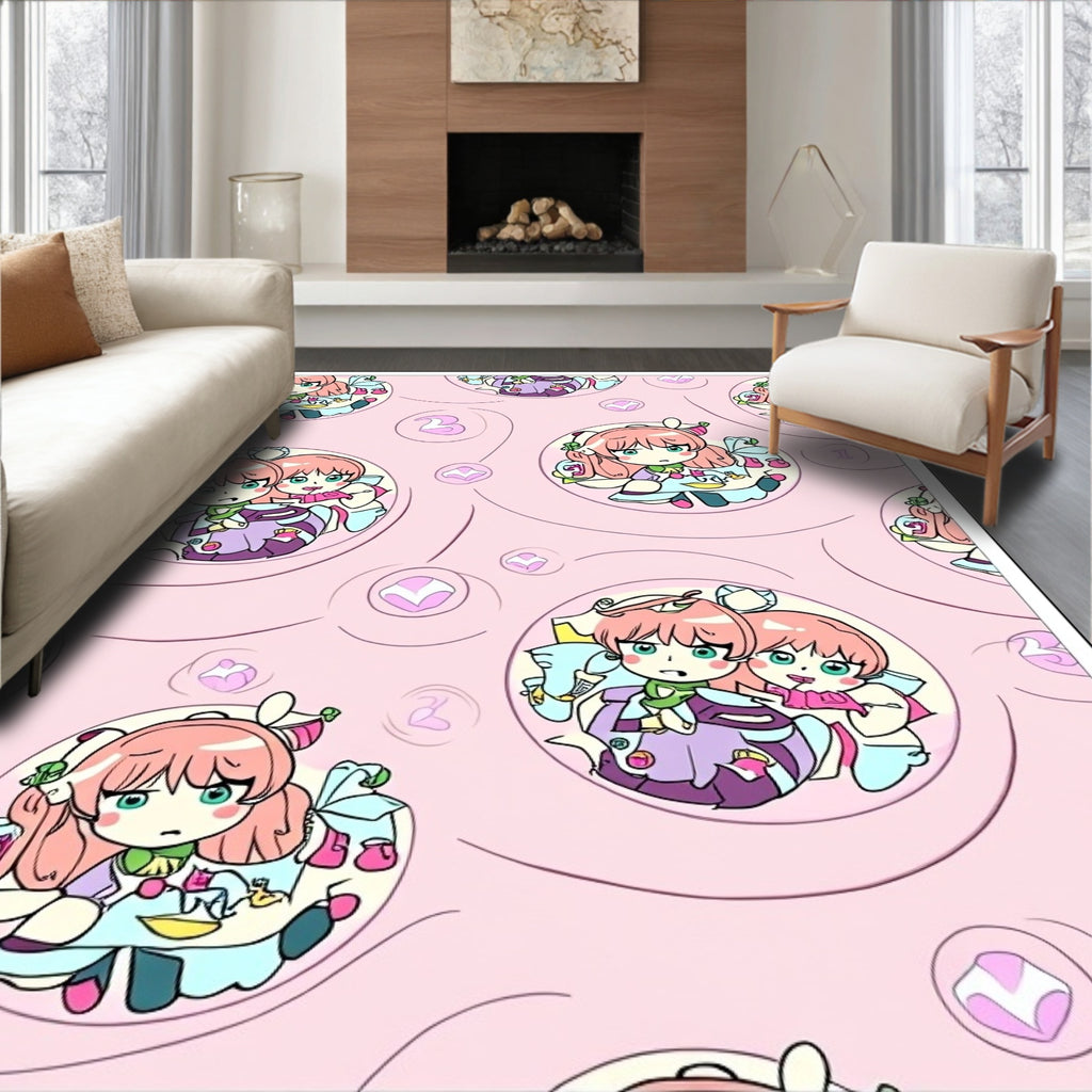 Cute Pink Anime Girls Tea Party Rug