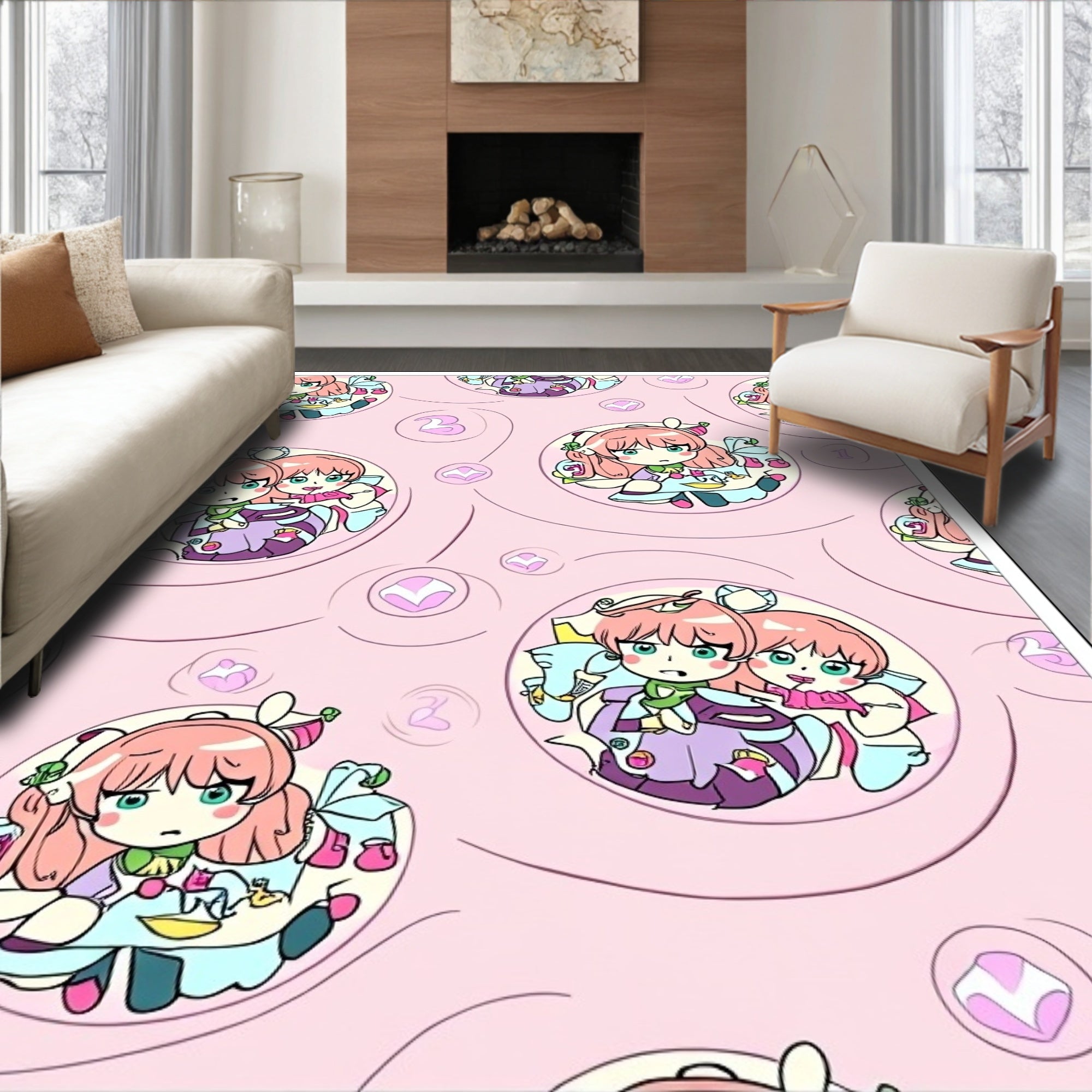 Cute Pink Anime Girls Tea Party Rug